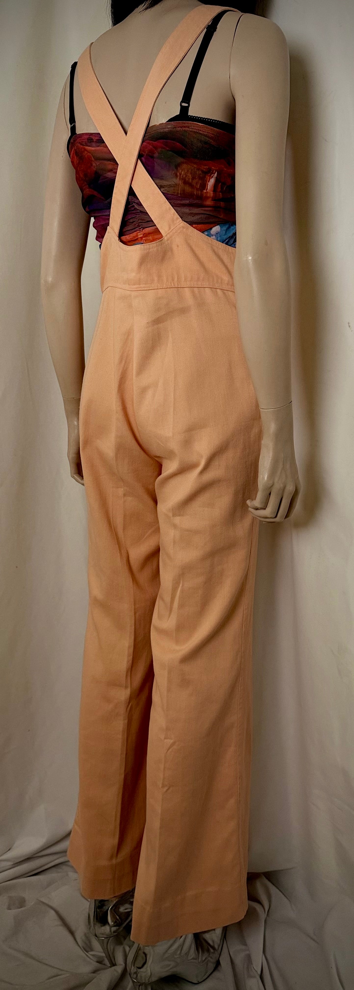 1970s Frederick’s of Hollywood Peach Cotton Flared Jumpsuit Overalls