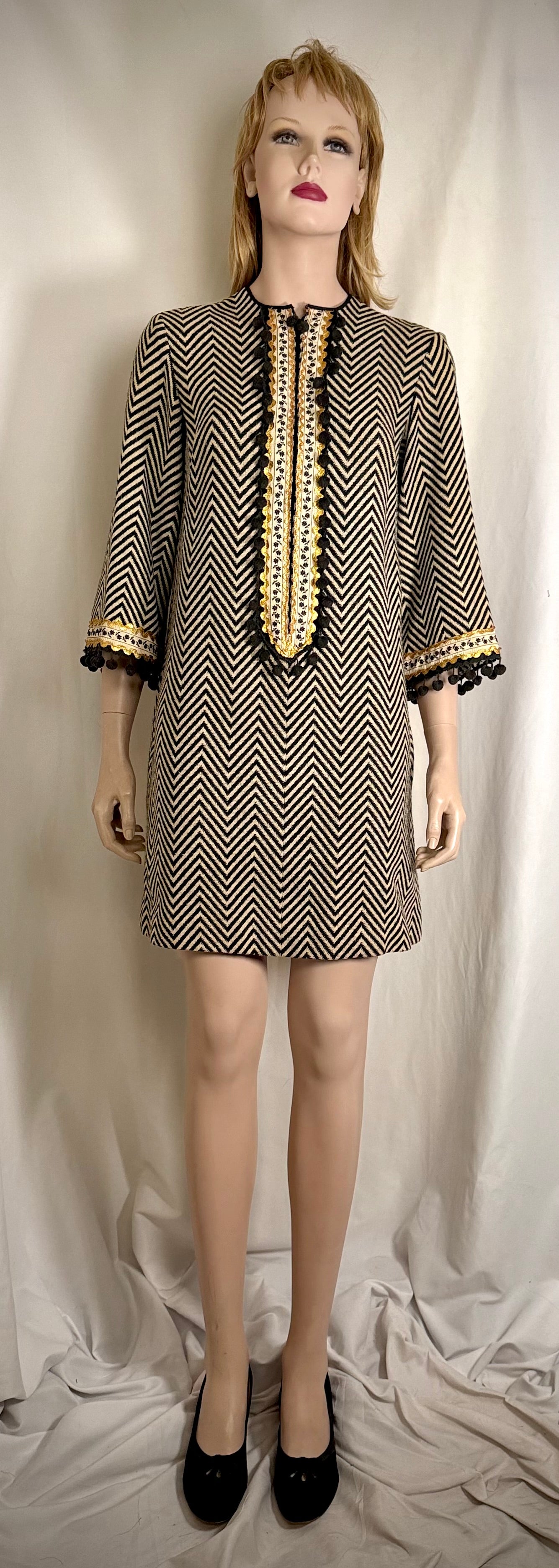 Mid-Century Chevron Weave Dress with Decorative Trim