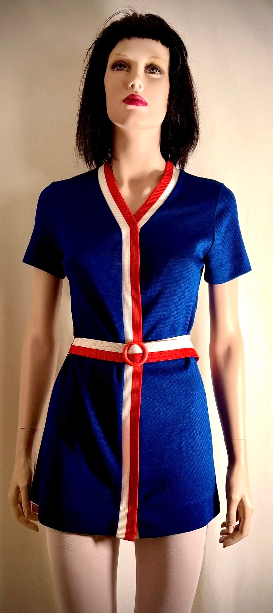 Vintage Graphic Knit Mini Dress / Tunic - Cobalt Blue with Red & White Trim