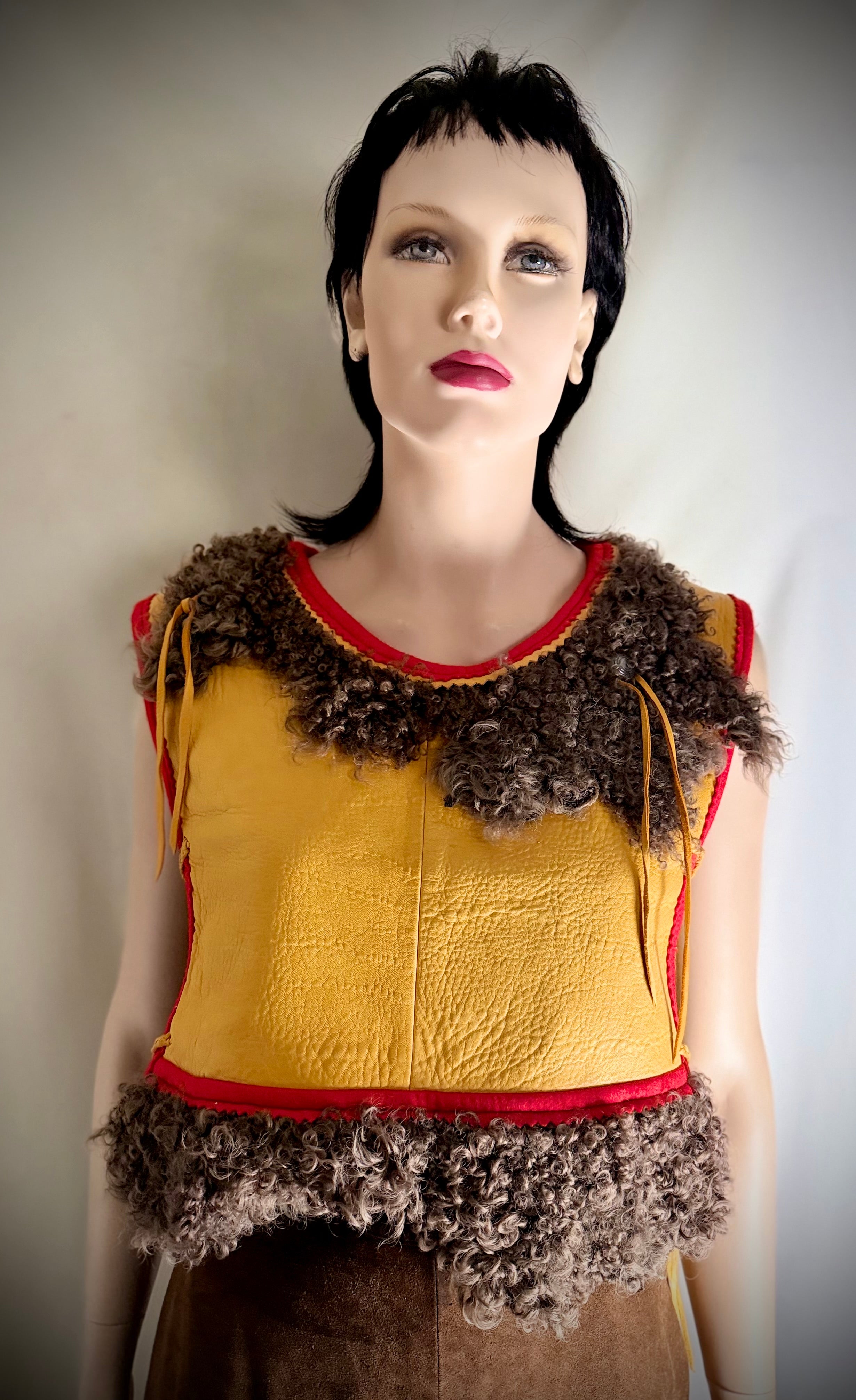Rare 1970s Handmade Char Designs Leather and Mongolian Lamb Fur Vest