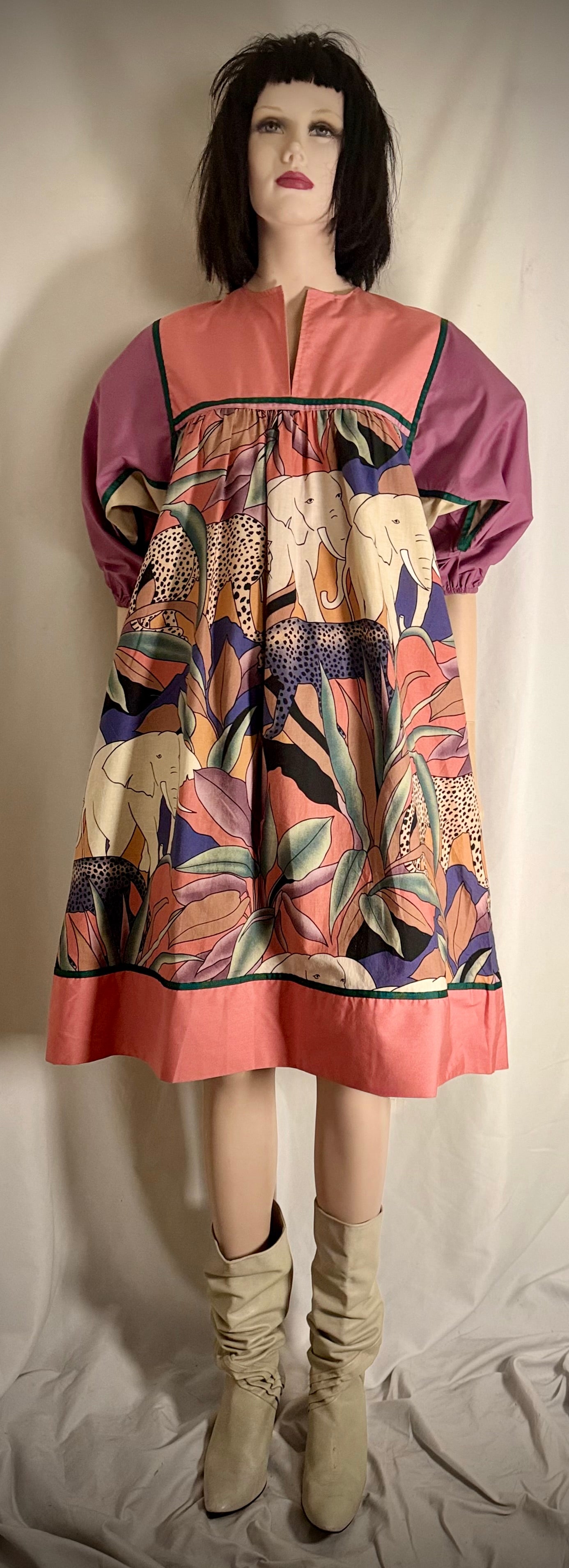 1980s Krist Gudnason California Safari Print Cotton Dress