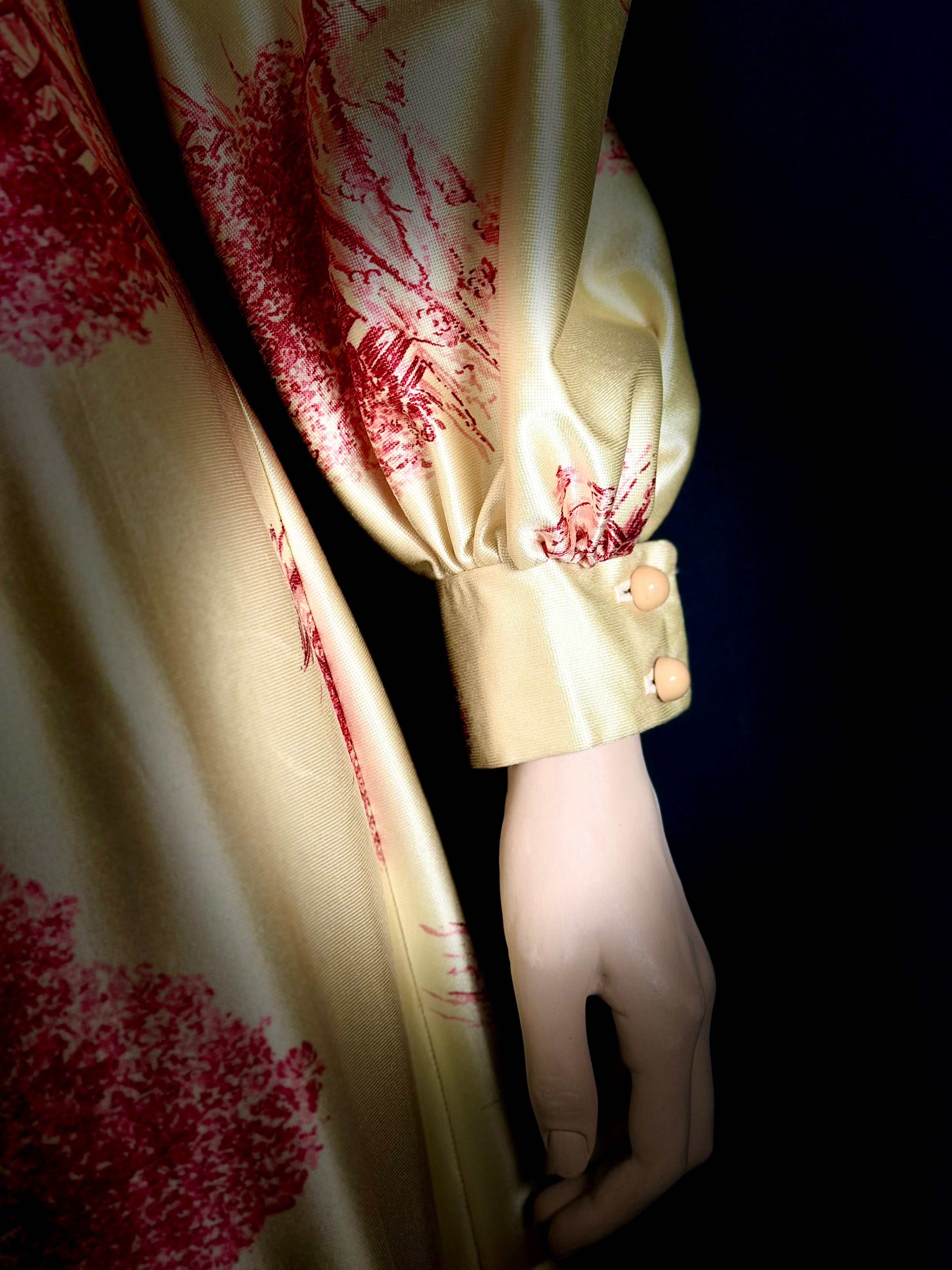Vintage 1970s Golden Toile Evening Gown – Balloon Sleeves, Full Length