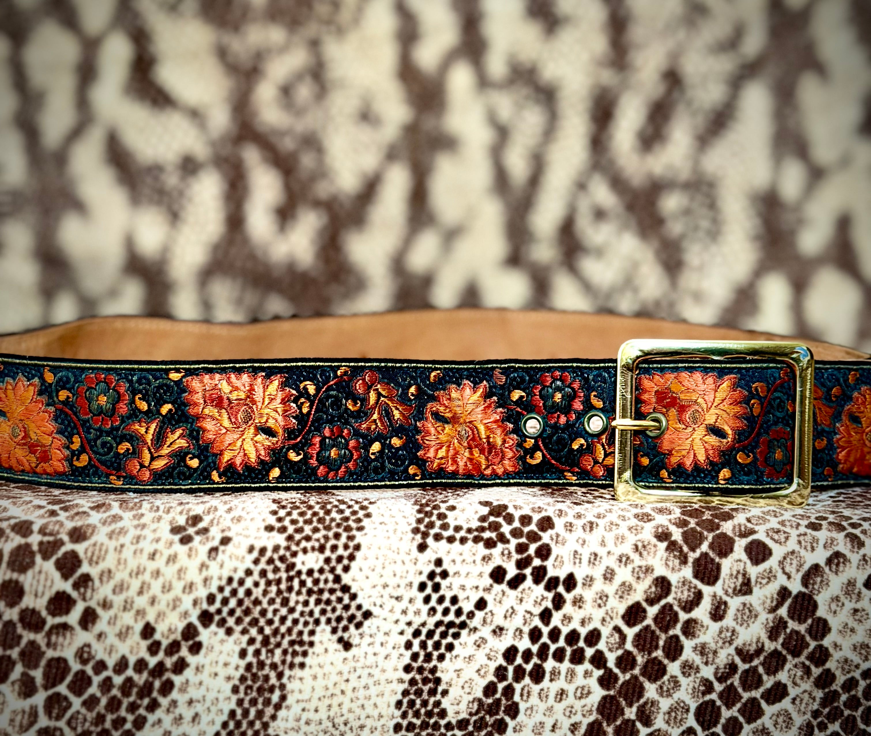 1970s Lutèce Paris Embroidered Leather Belt-Floral Tapestry (Made in France)
