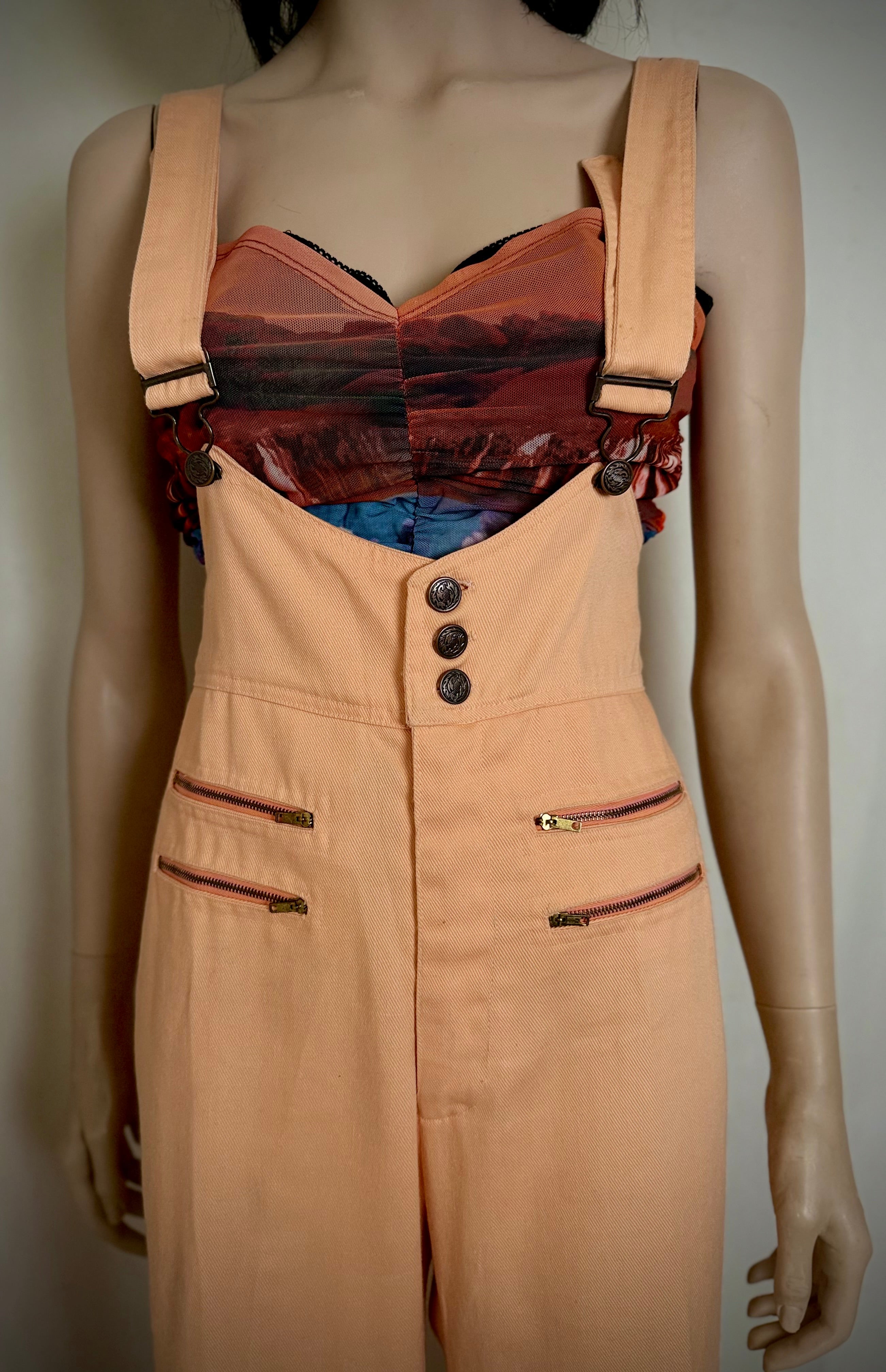 1970s Frederick’s of Hollywood Peach Cotton Flared Jumpsuit Overalls