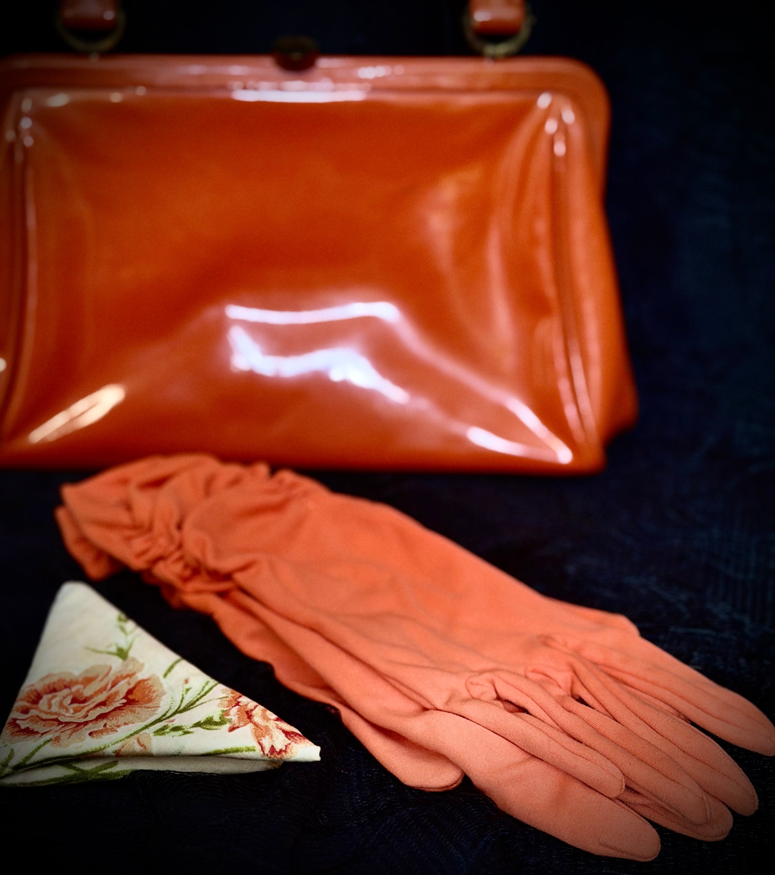 Mid-Century Tangerine Handbag with Original Gloves and Hanky Set