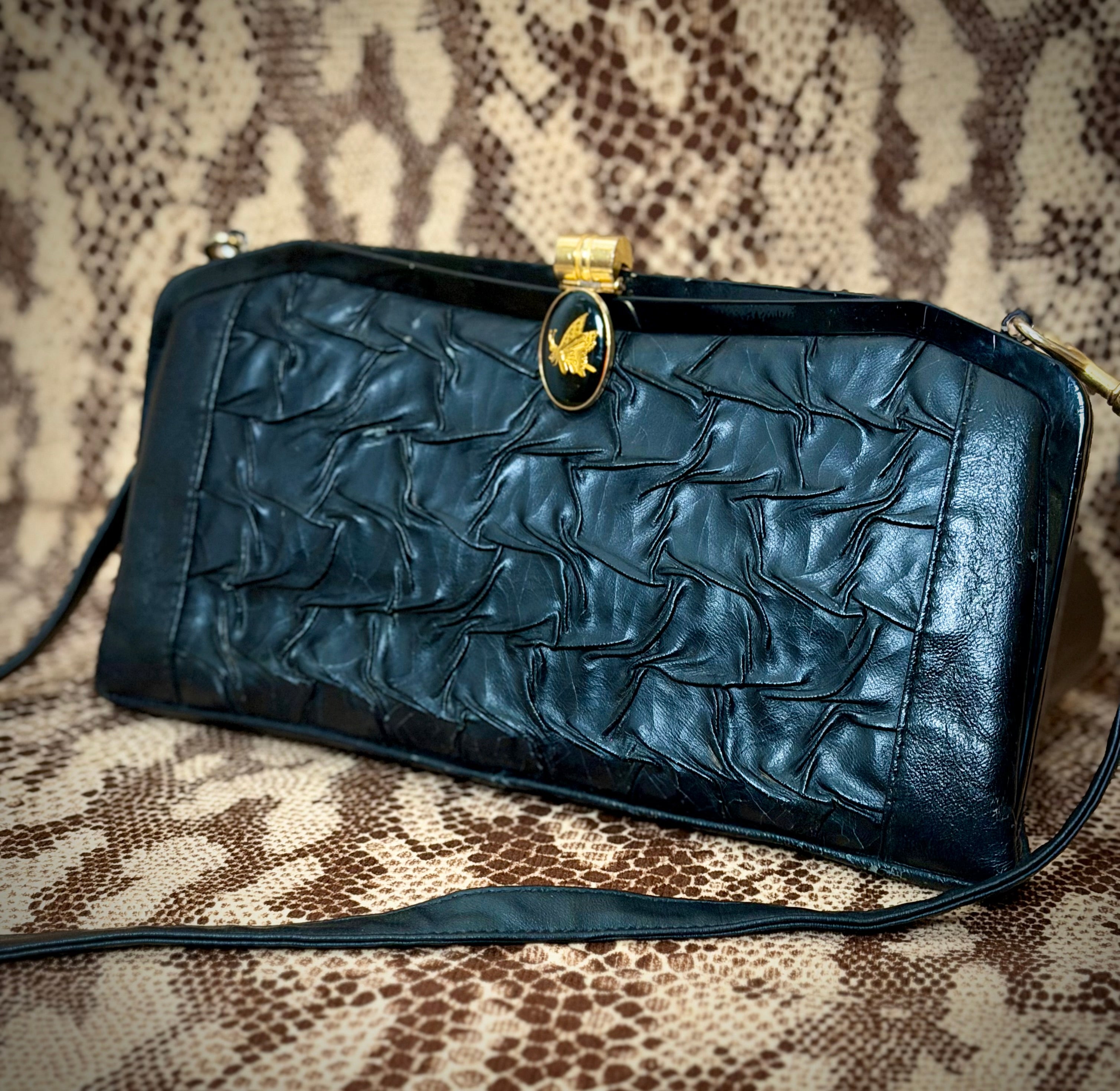 Late 50s-Early 60s Black Gathered Leather Shoulder Bag with Gold Butterfly Clasp