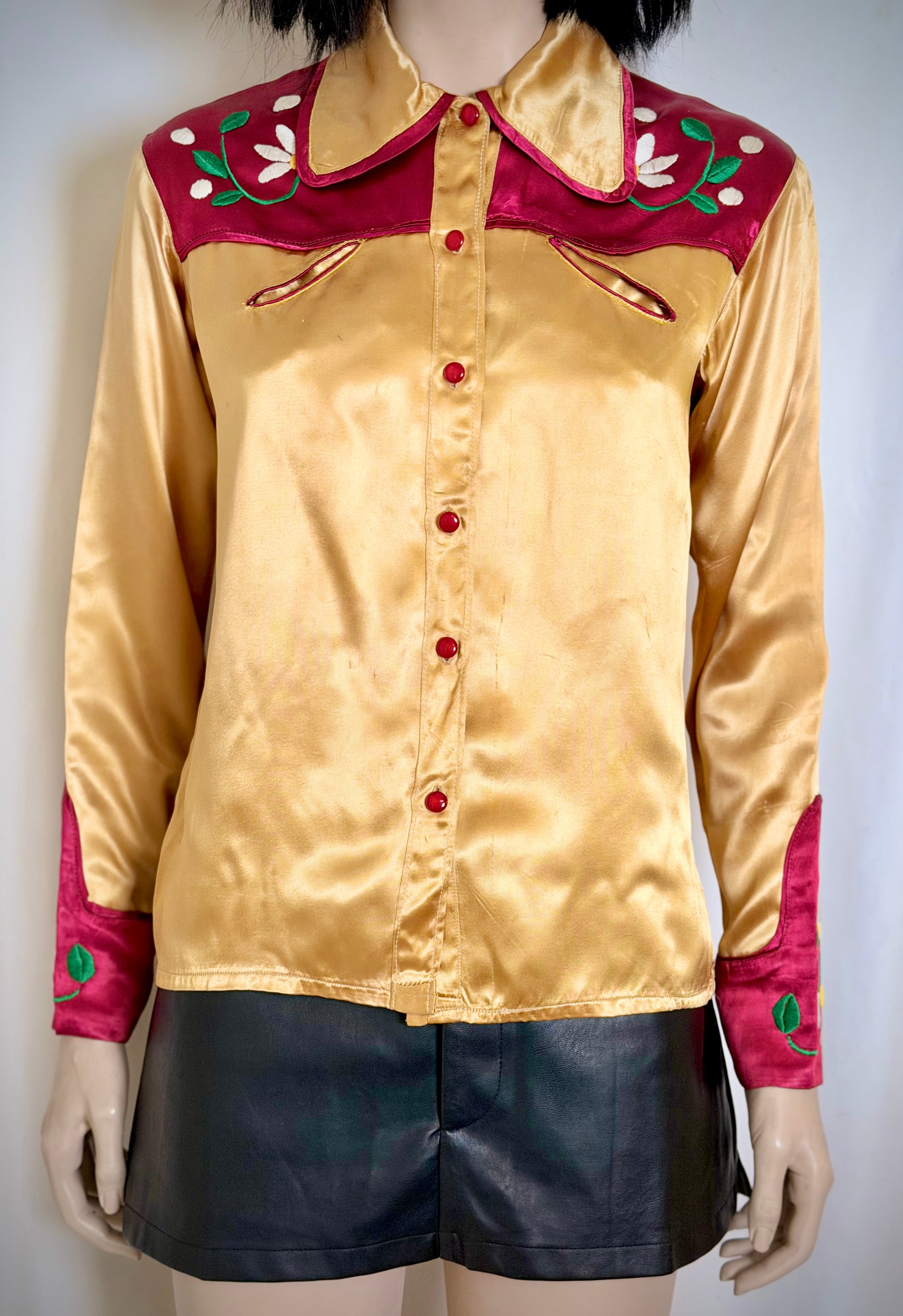 1940s Hand Embroidered Satin Western Shirt