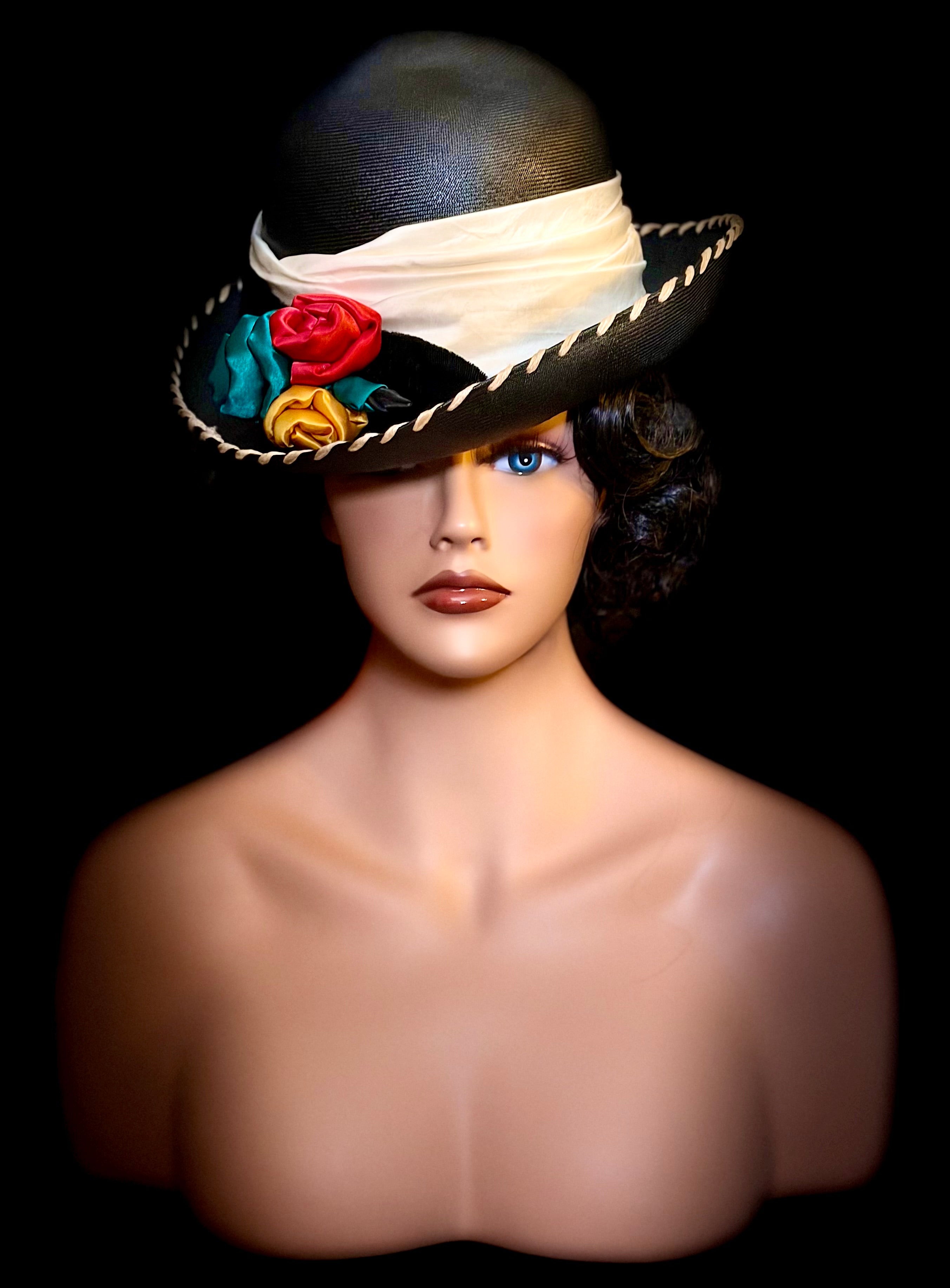 Exceptional Mid-Century Sculptural Hat - Black Structured Crown with Velvet and Satin Roses