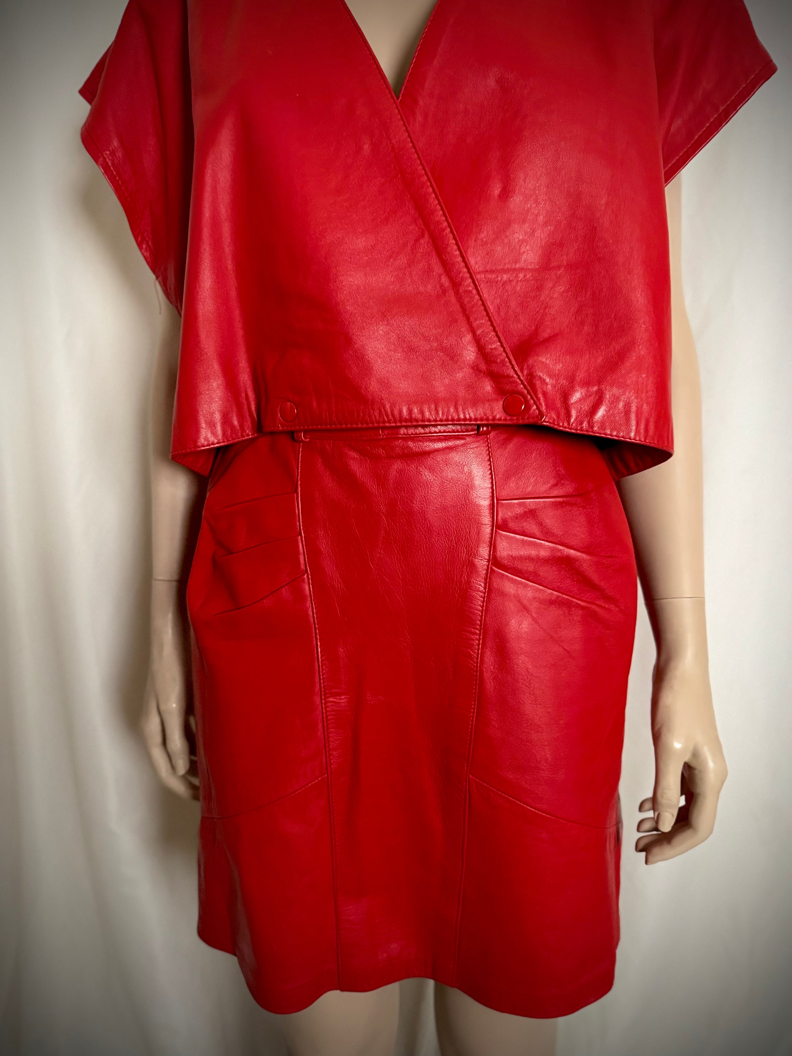 Vintage 80s Red Leather Set -Argentinian Vera Pelle Wrap Top and High-Waist Skirt