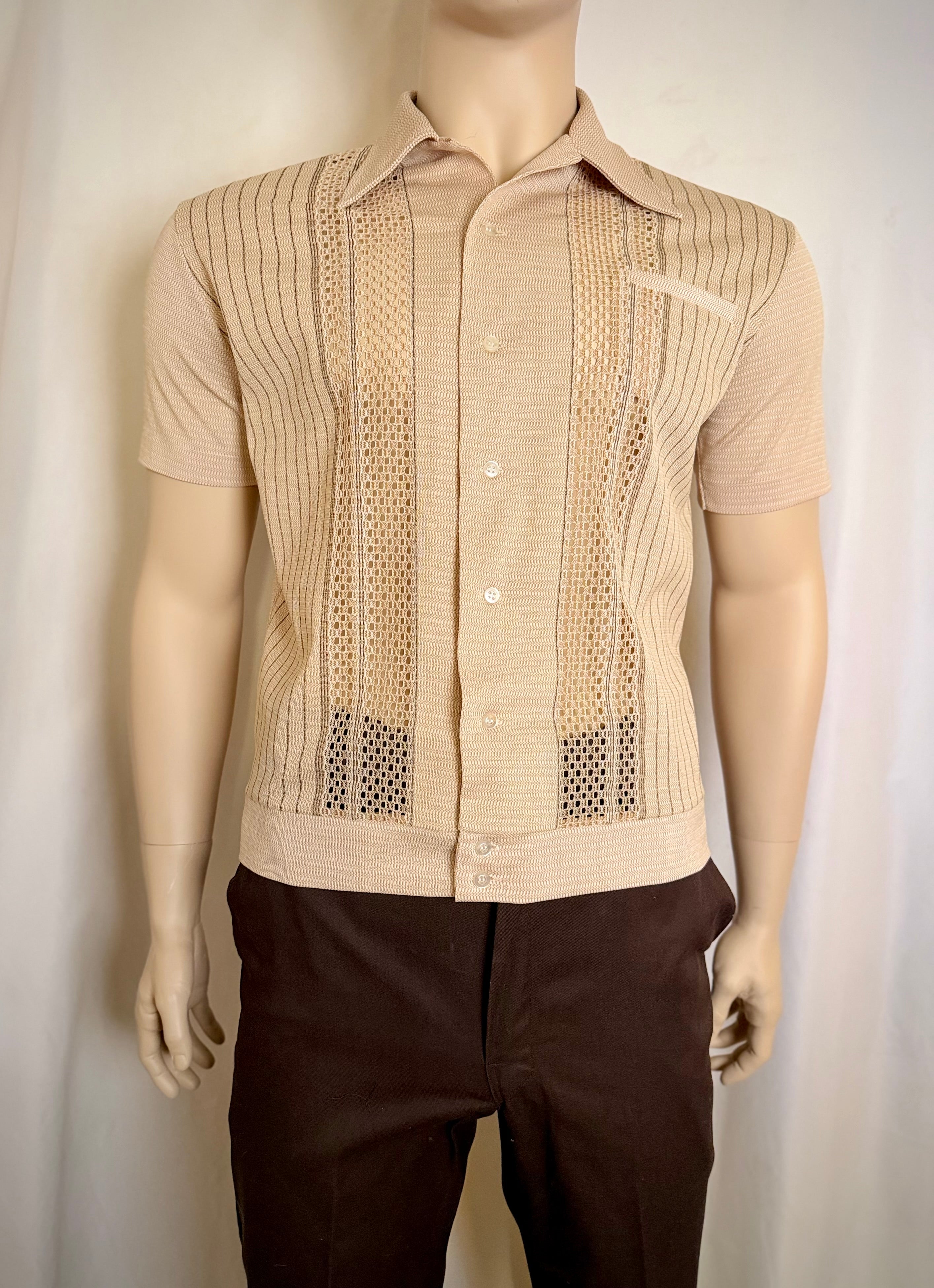 Late 1960s Early 1970s Sheer Openwork Knit Panel Shirt- Made in Korea