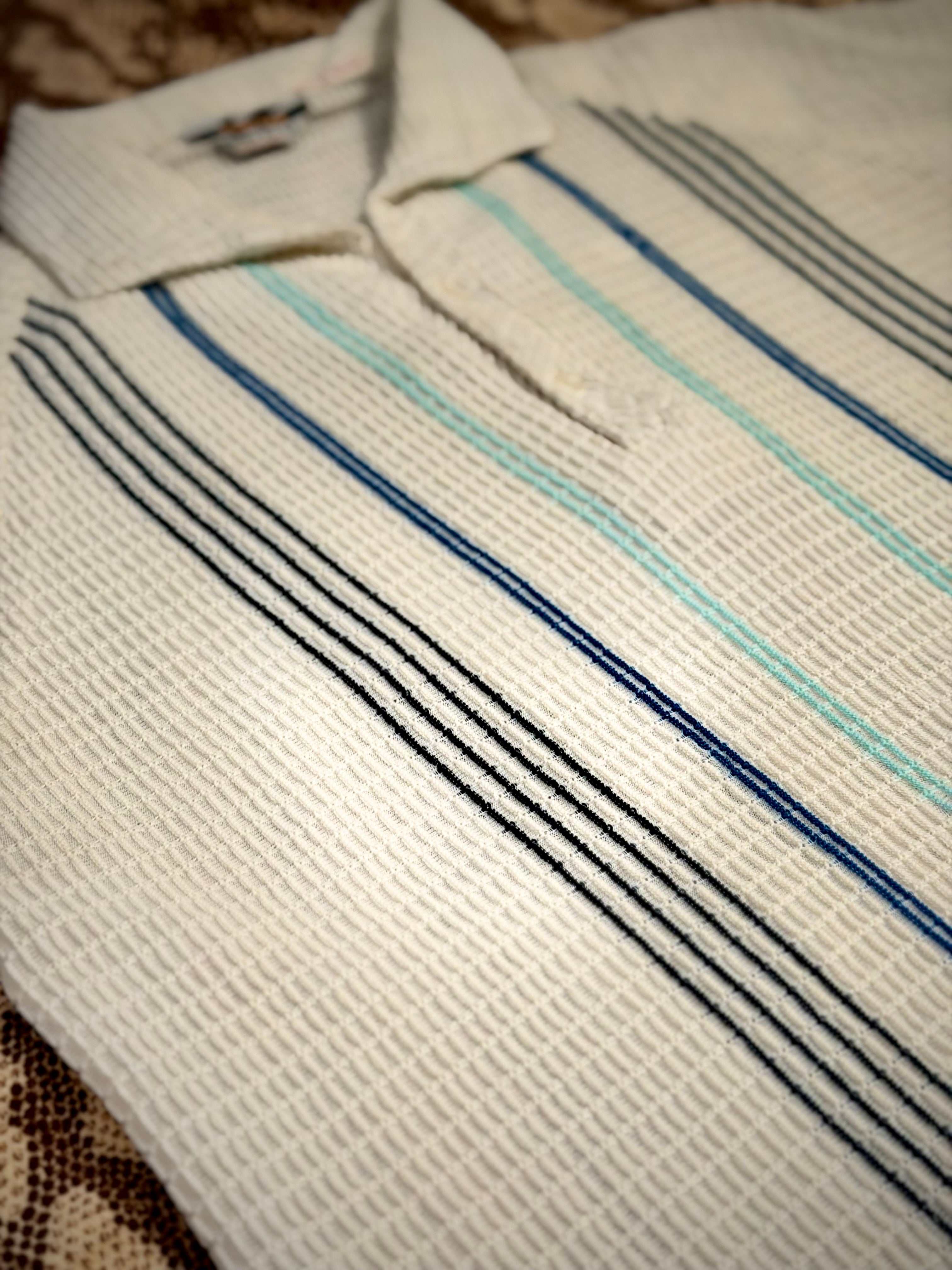 1950s/60s Textured Knit Resort Shirt- Vertical Stripe Waffle Weave (Rare)