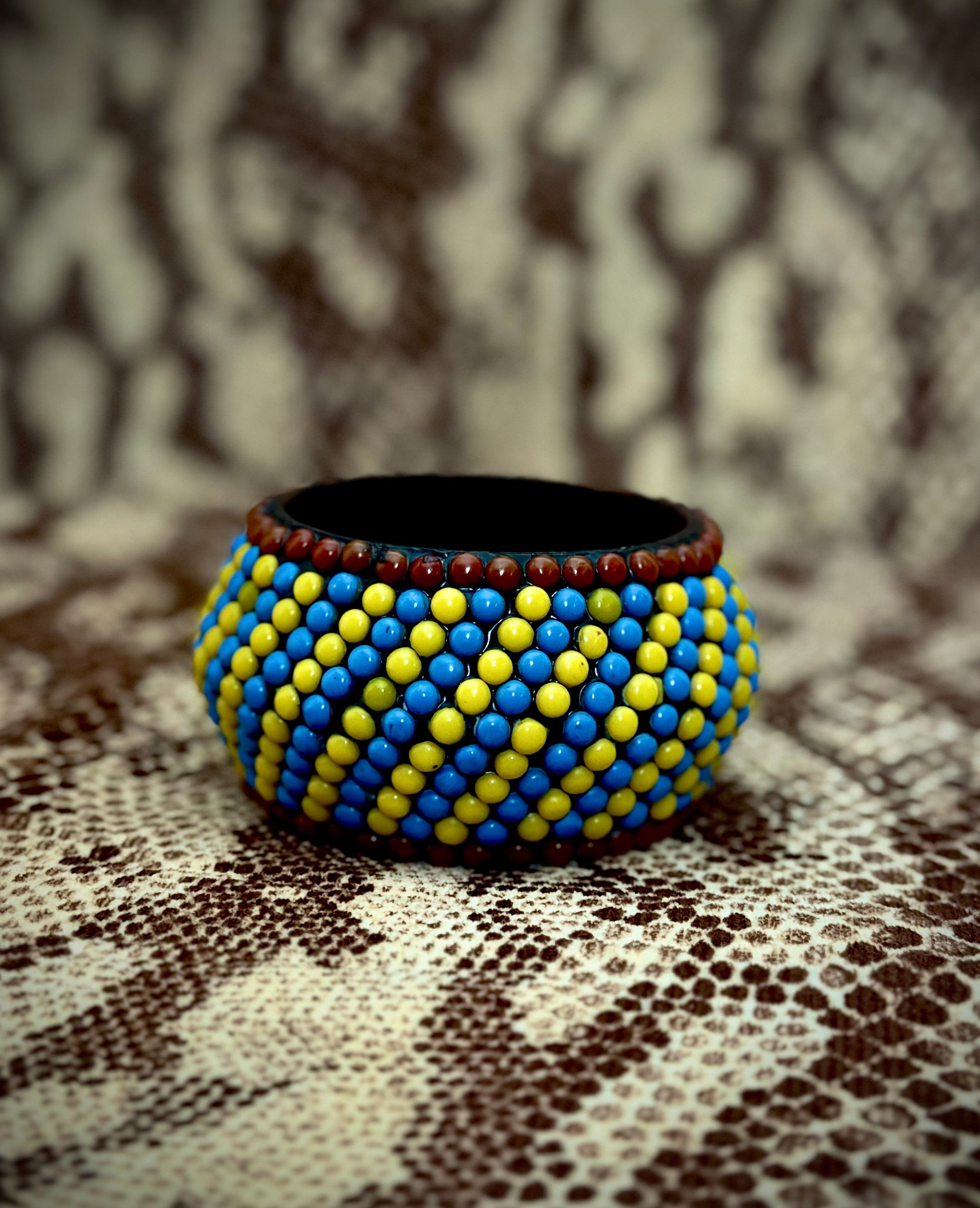 1980s African Beaded Wooden Bangle | Blue and Yellow Geometric Design