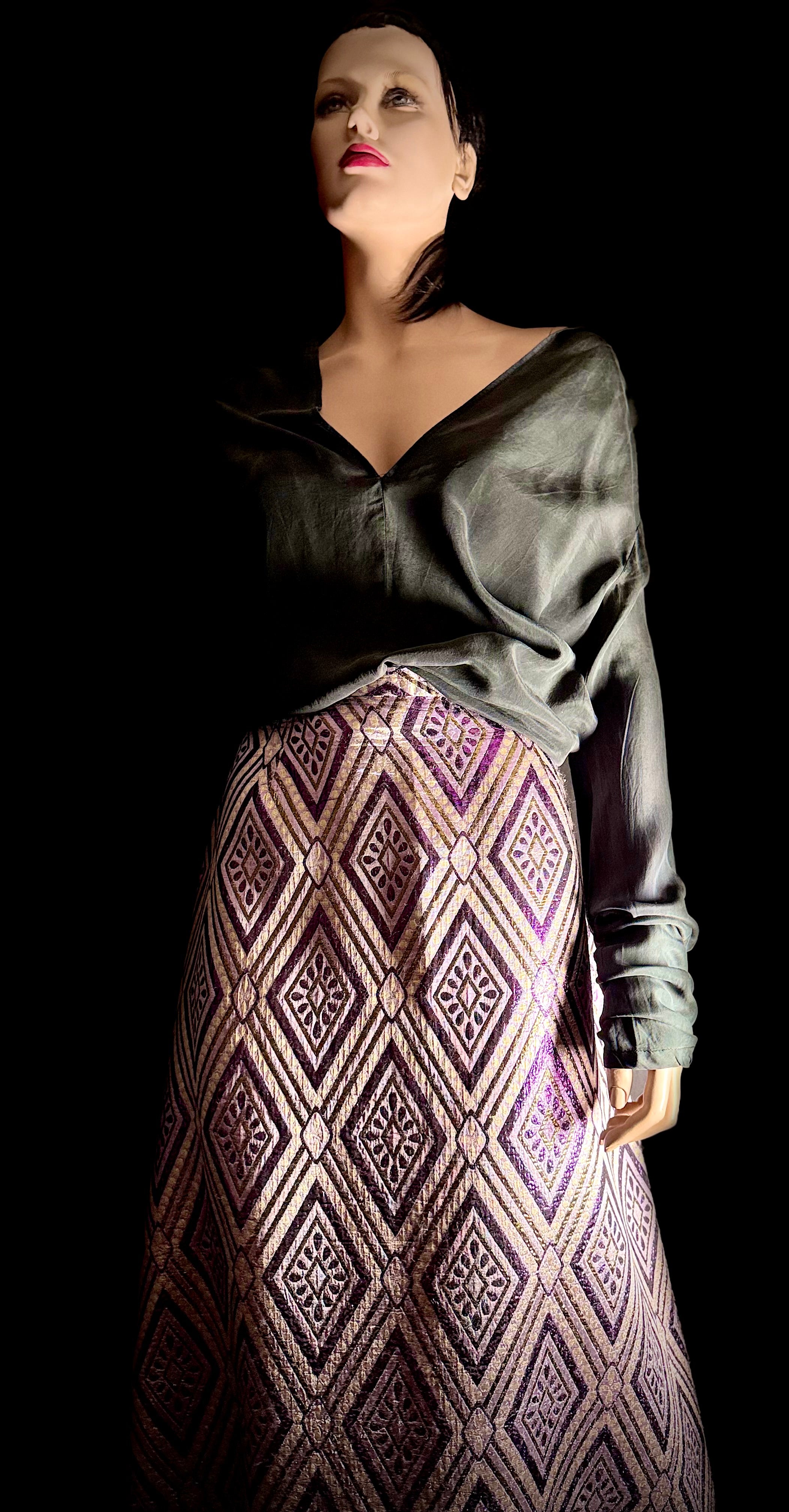 1960s Metallic Brocade A-Line Maxi Skirt - Geometric Op Art Pattern