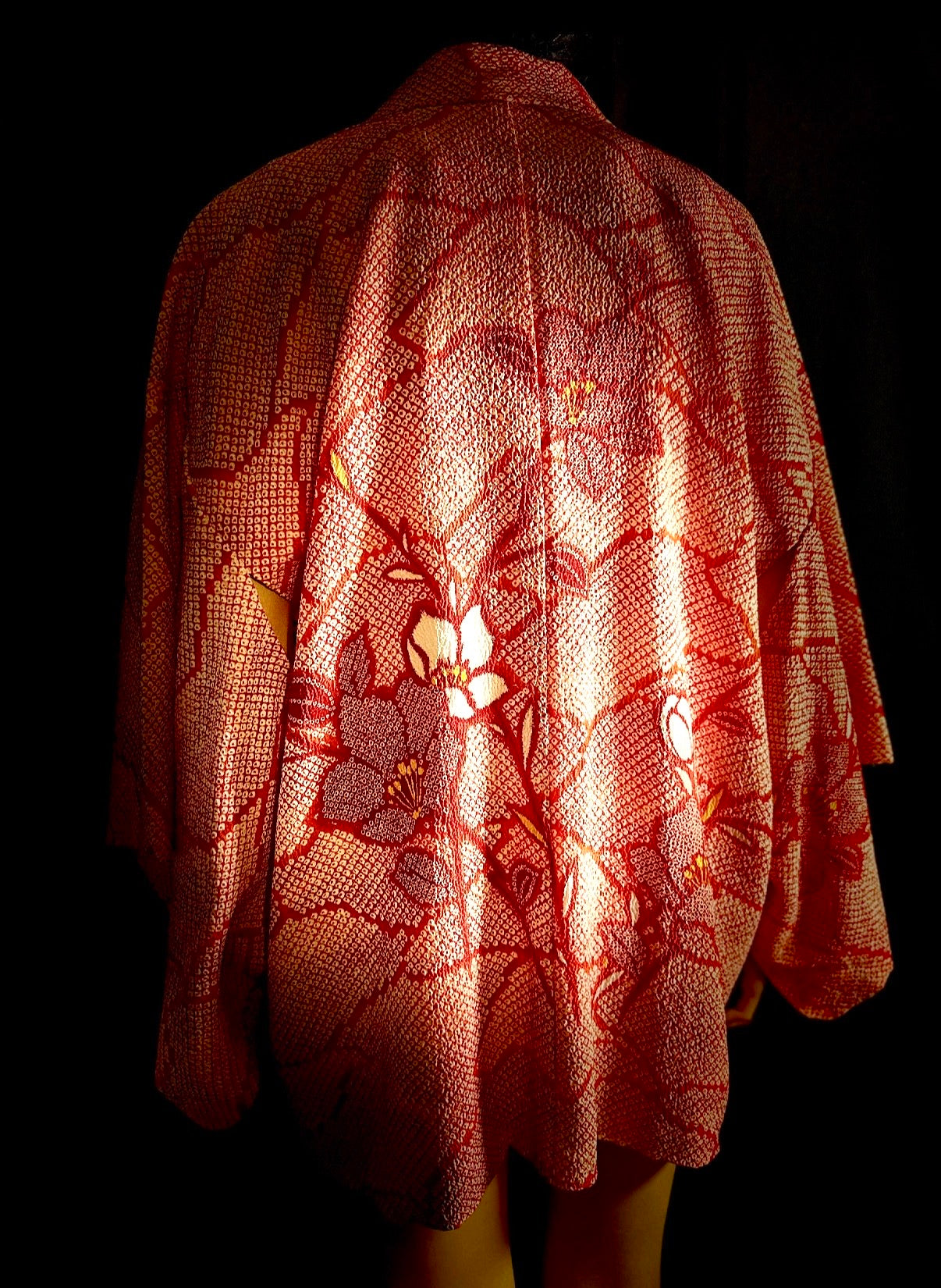 Vintage Japanese Hand-Shibori Silk Kimono Jacket - Red with Embroidered Florals