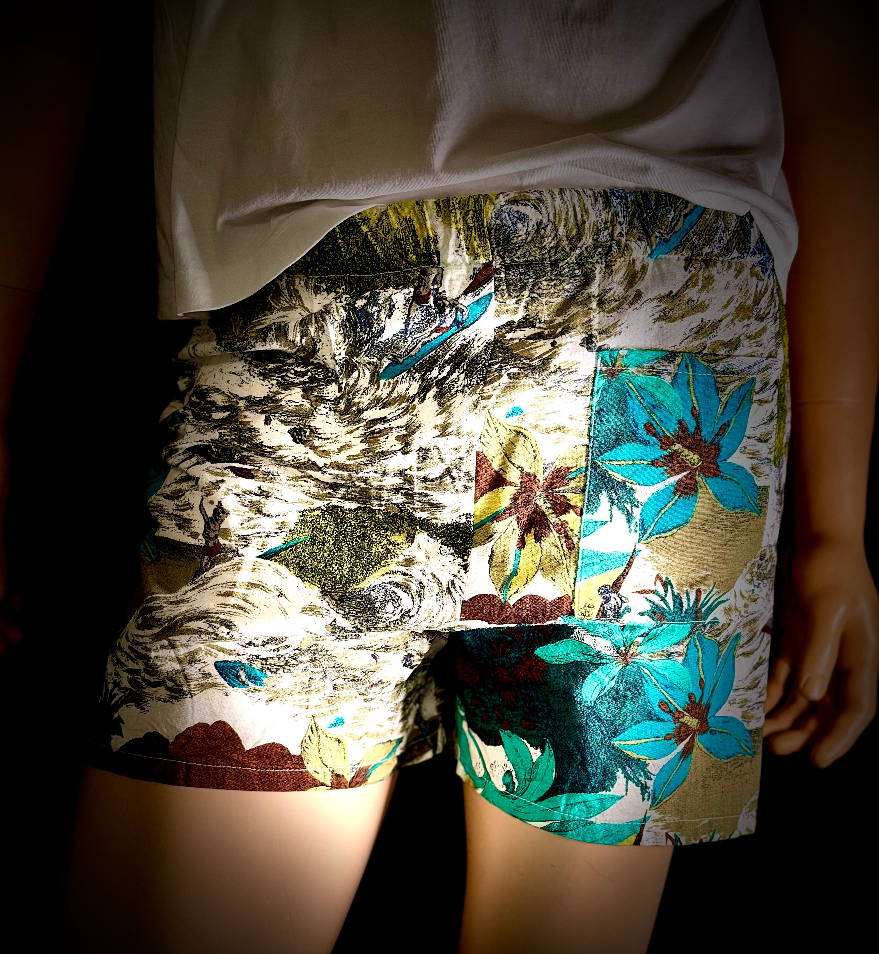 1960s Tropical Print Swim Shorts - Op-Art Floral Boxer Style (Rare)