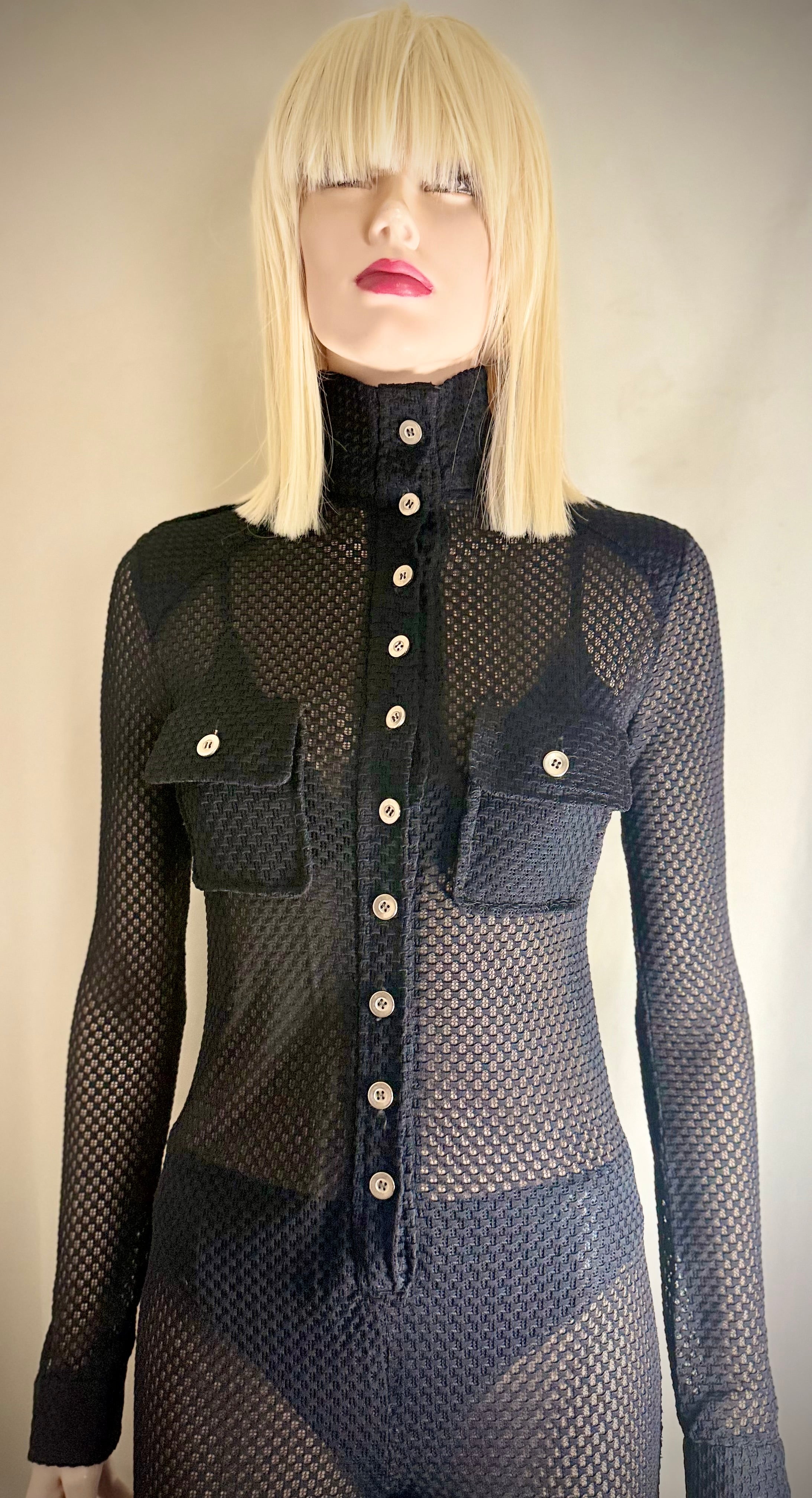 1970s Black Lace Mesh Jumpsuit With Military Details