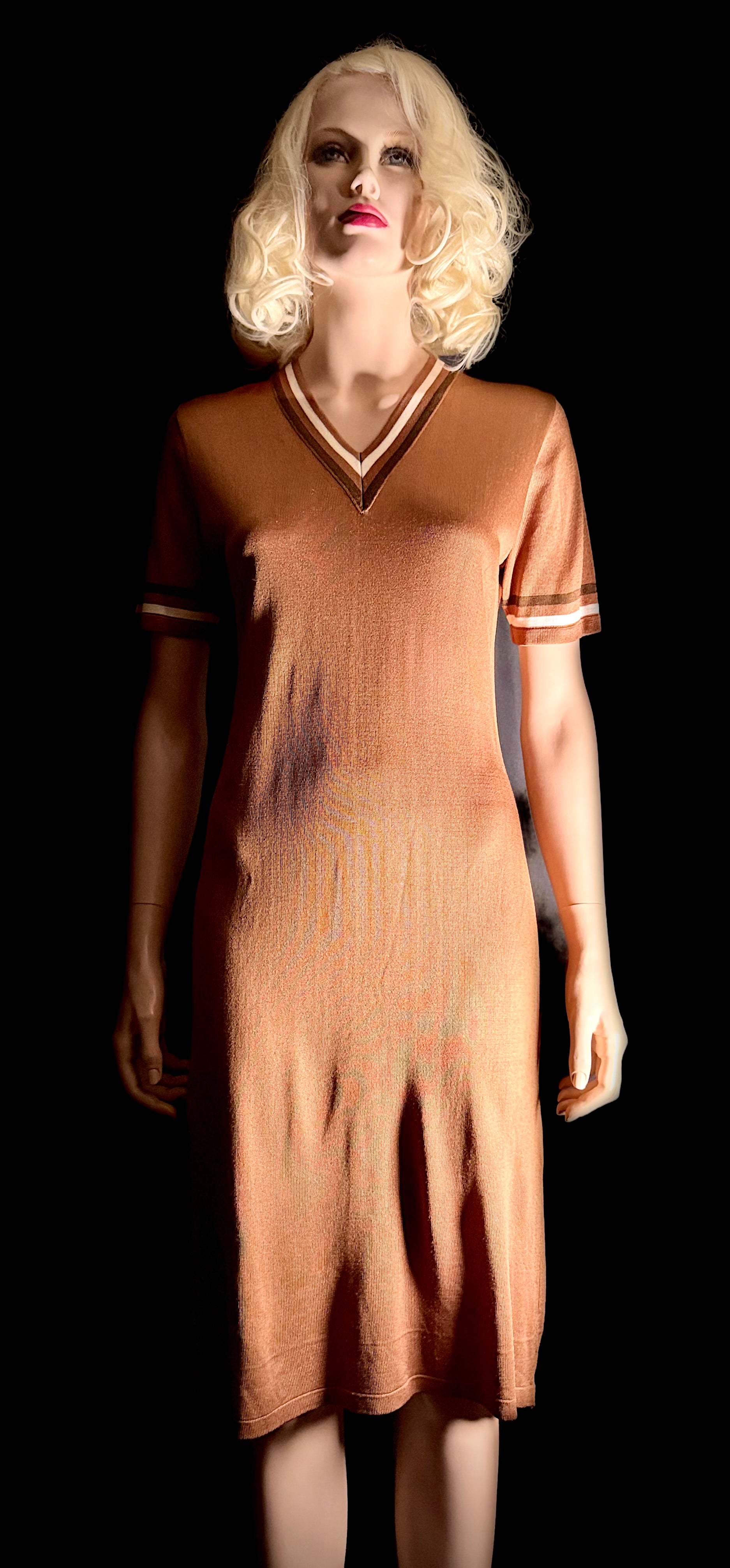 Vintage Brown Semi-Sheer Knit V-Neck Dress with Sporty Stripe Detail