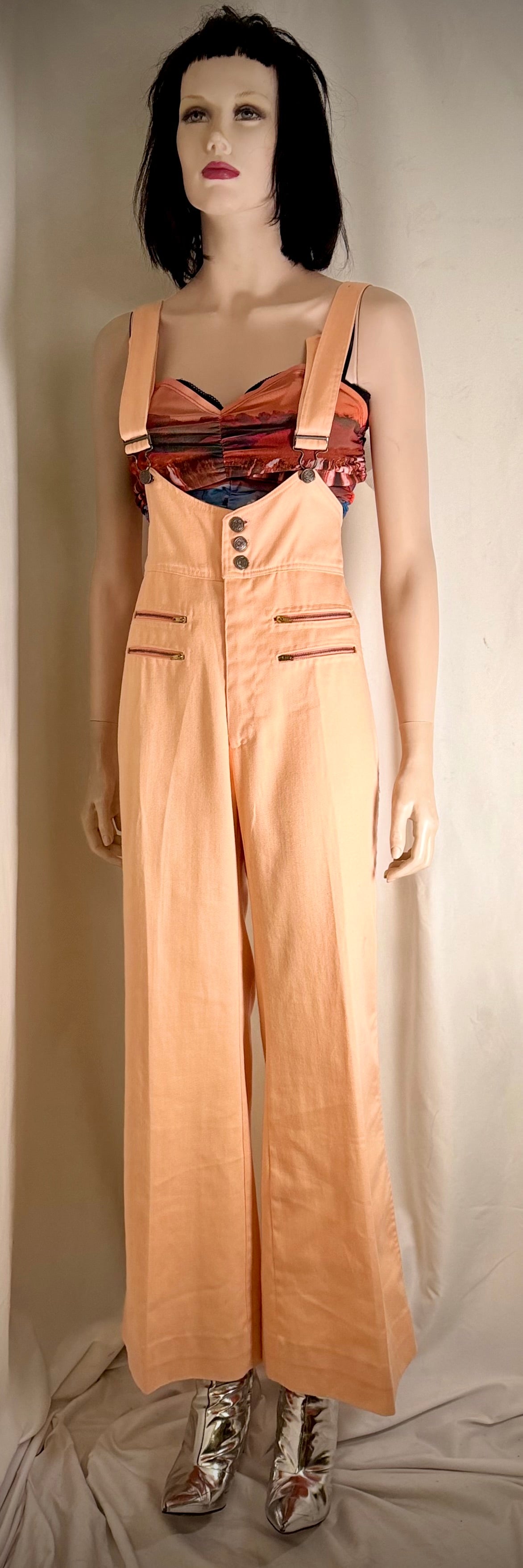 1970s Frederick’s of Hollywood Peach Cotton Flared Jumpsuit Overalls