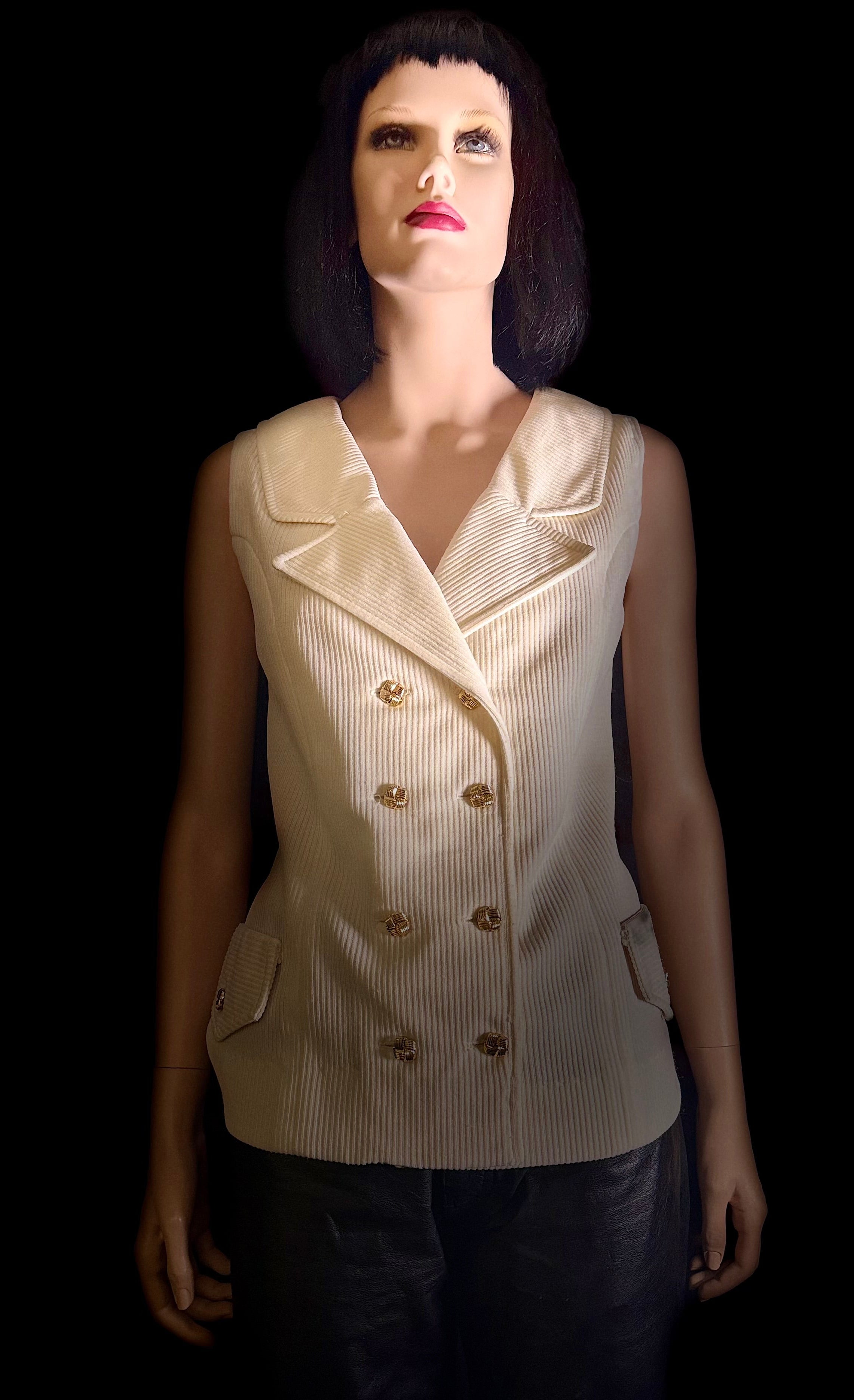 Cream Ribbed Double-Breasted Vest Top with Gold Buttons