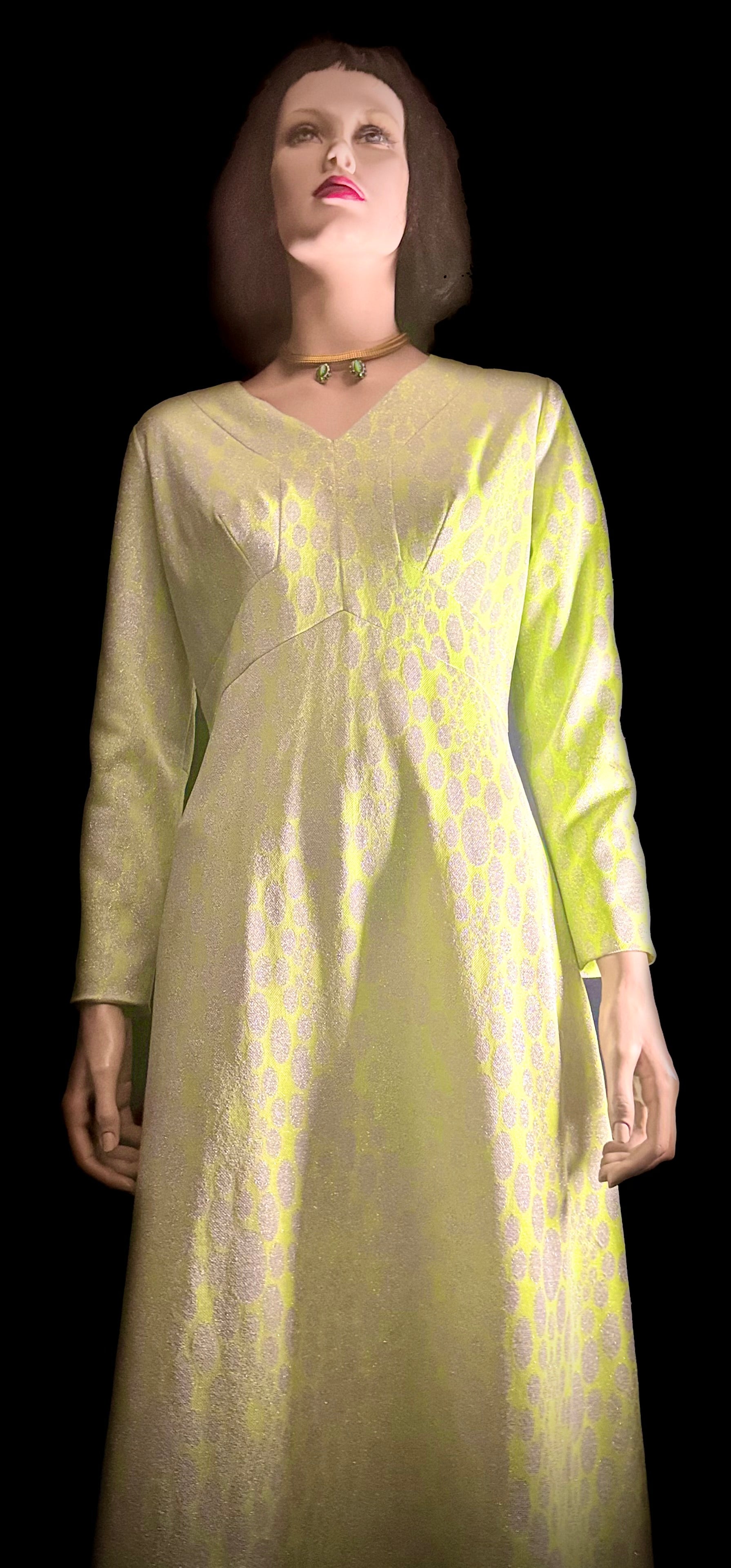 1960s Chartreuse Metallic Jacquard Op-Art Evening Gown (Mint Condition)