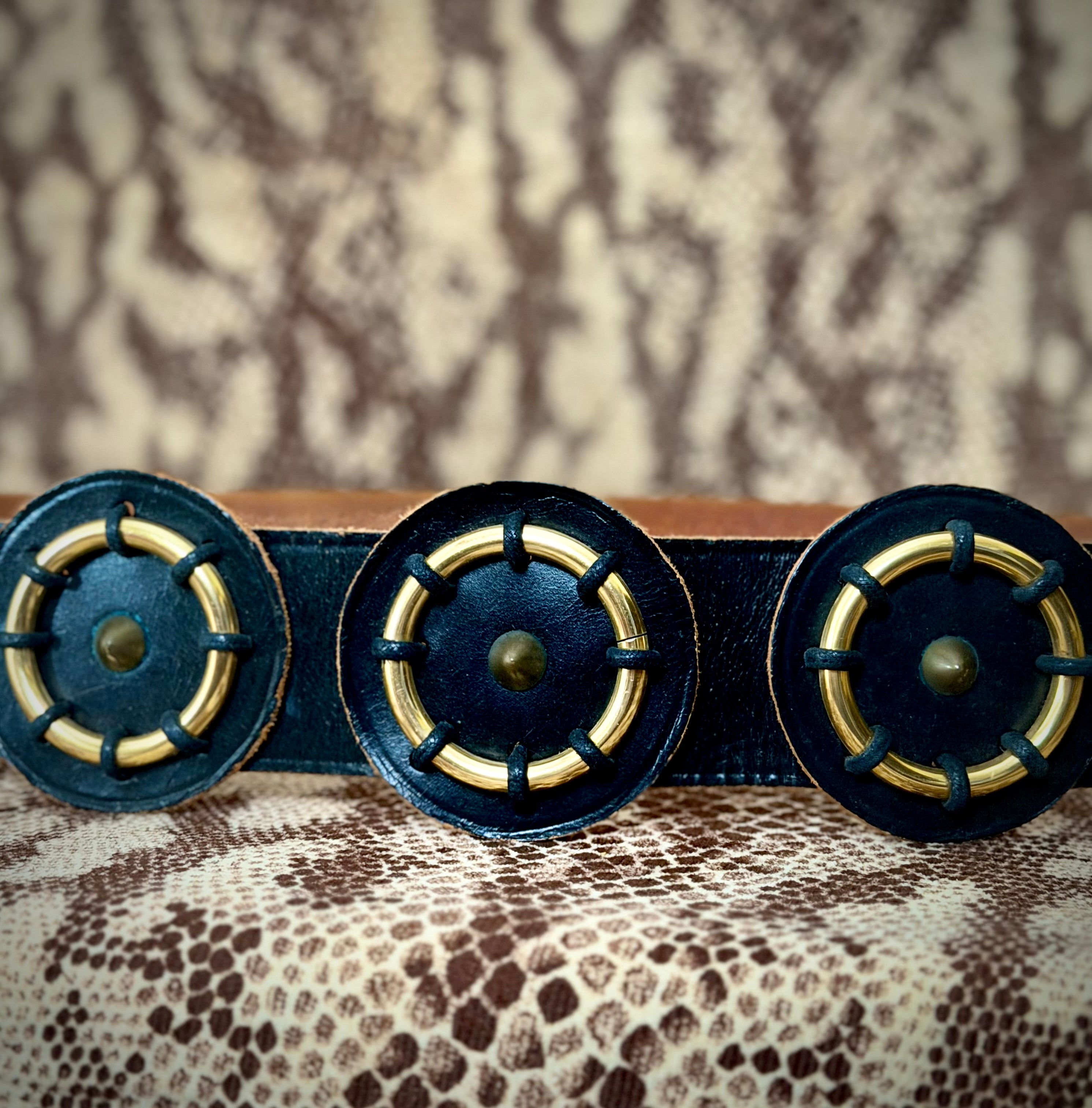 Late 1970s Deep Brown Studded Leather Concho Belt