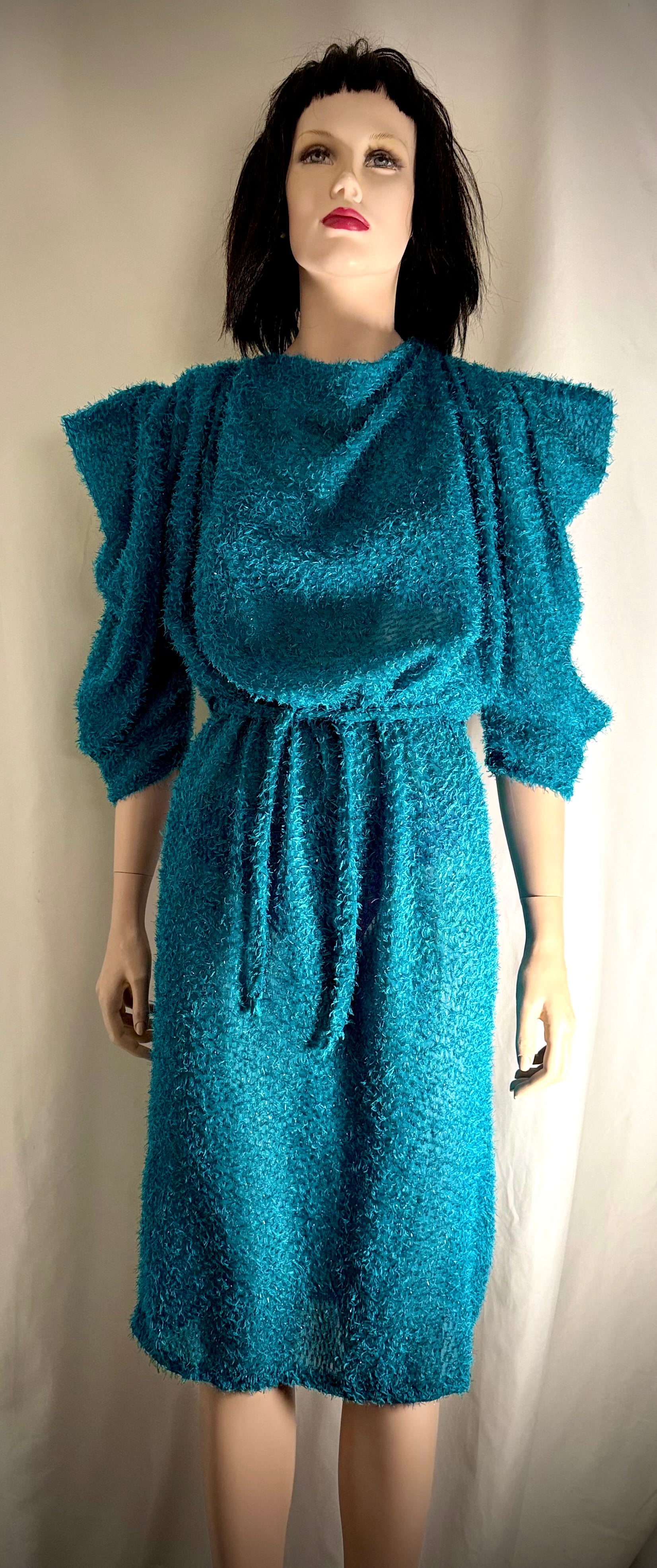 Electric Turquoise Sheer Lurex Midi Dress – 80s Avant-Garde Silhouette
