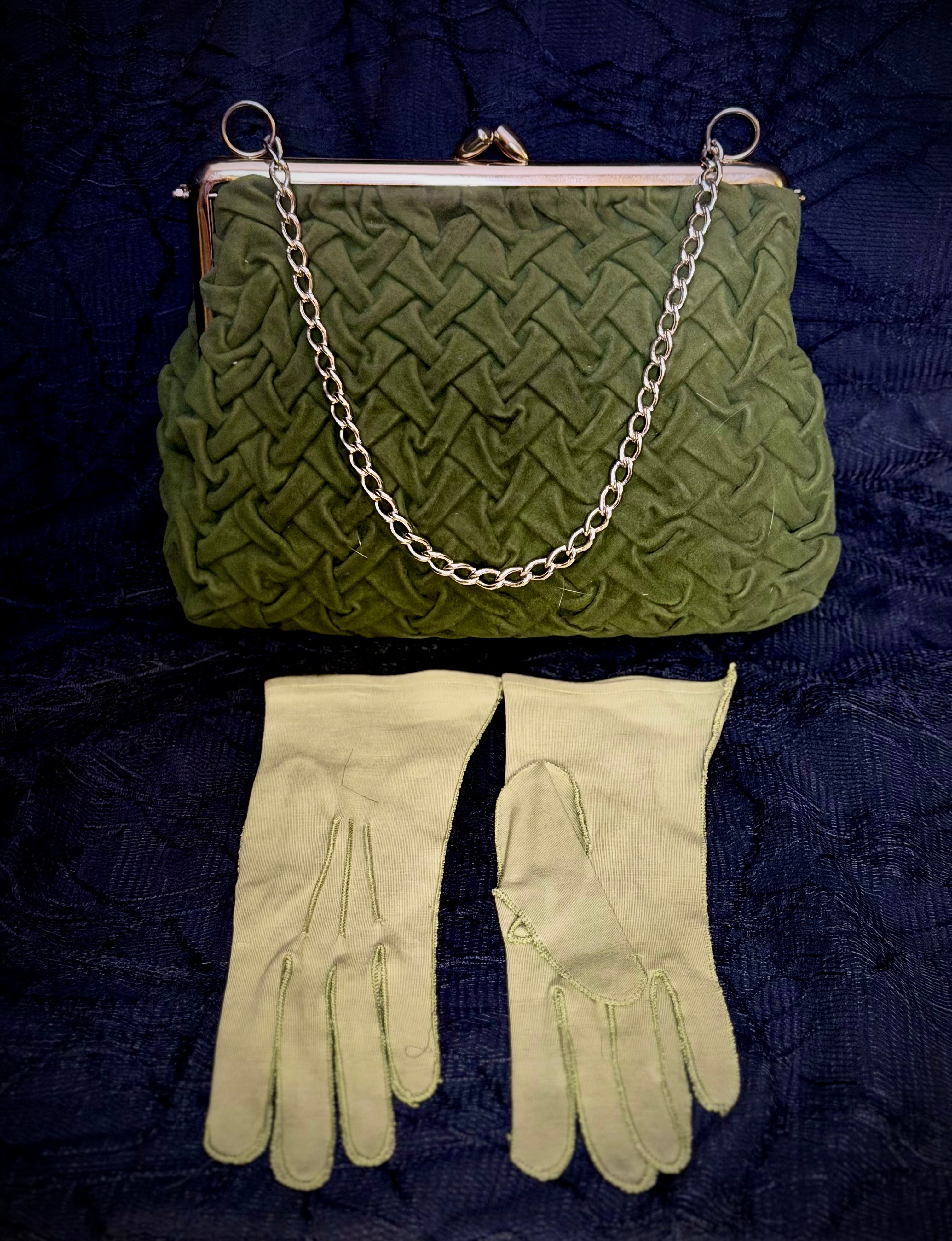 1950s Olive Velvet Evening Bag and Sage Gloves - Mid-Century Cocktail Set