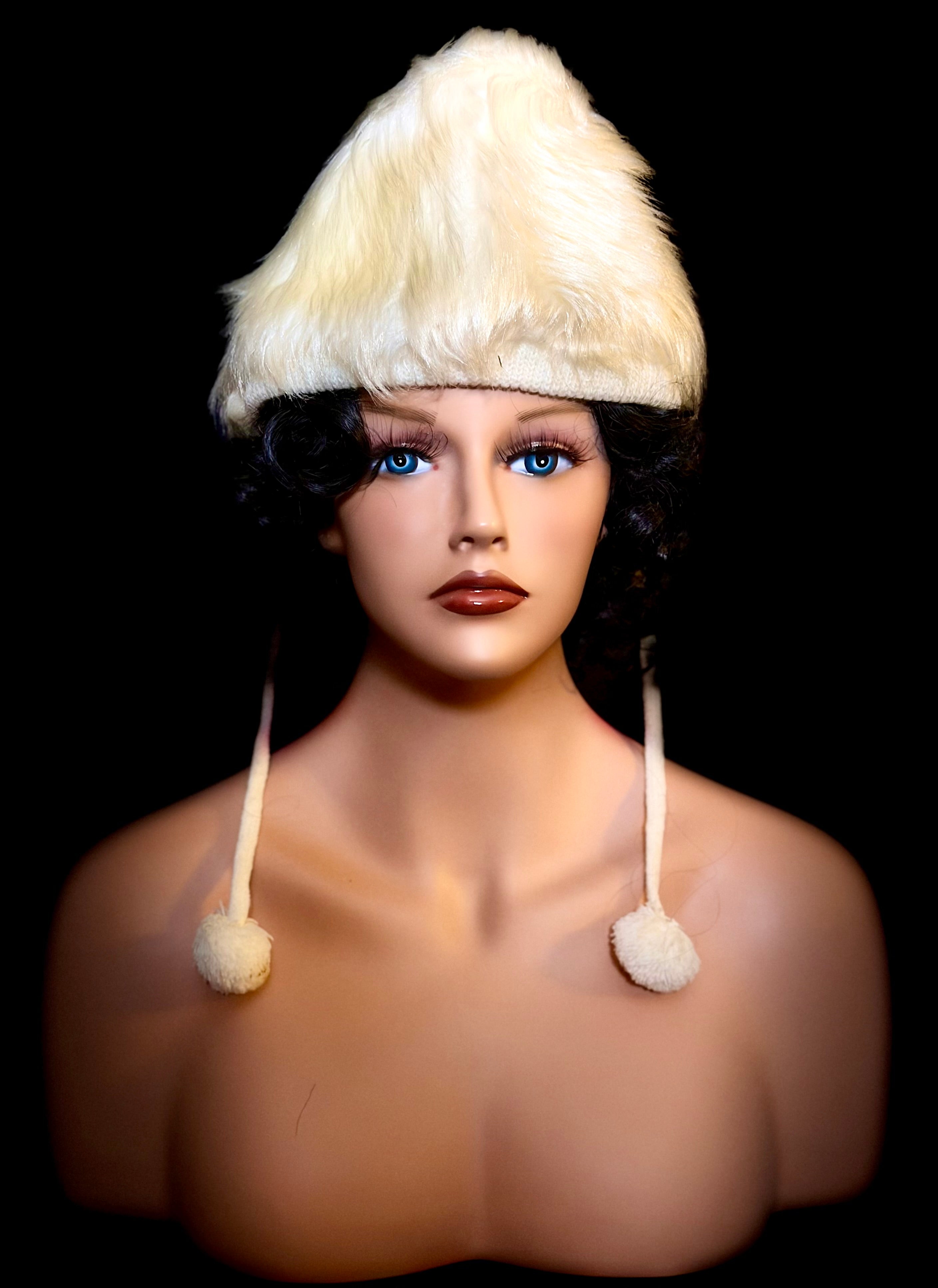 1940s Deadstock Faux Shearling Aviator-Style Hat with Pom-Pom Ties