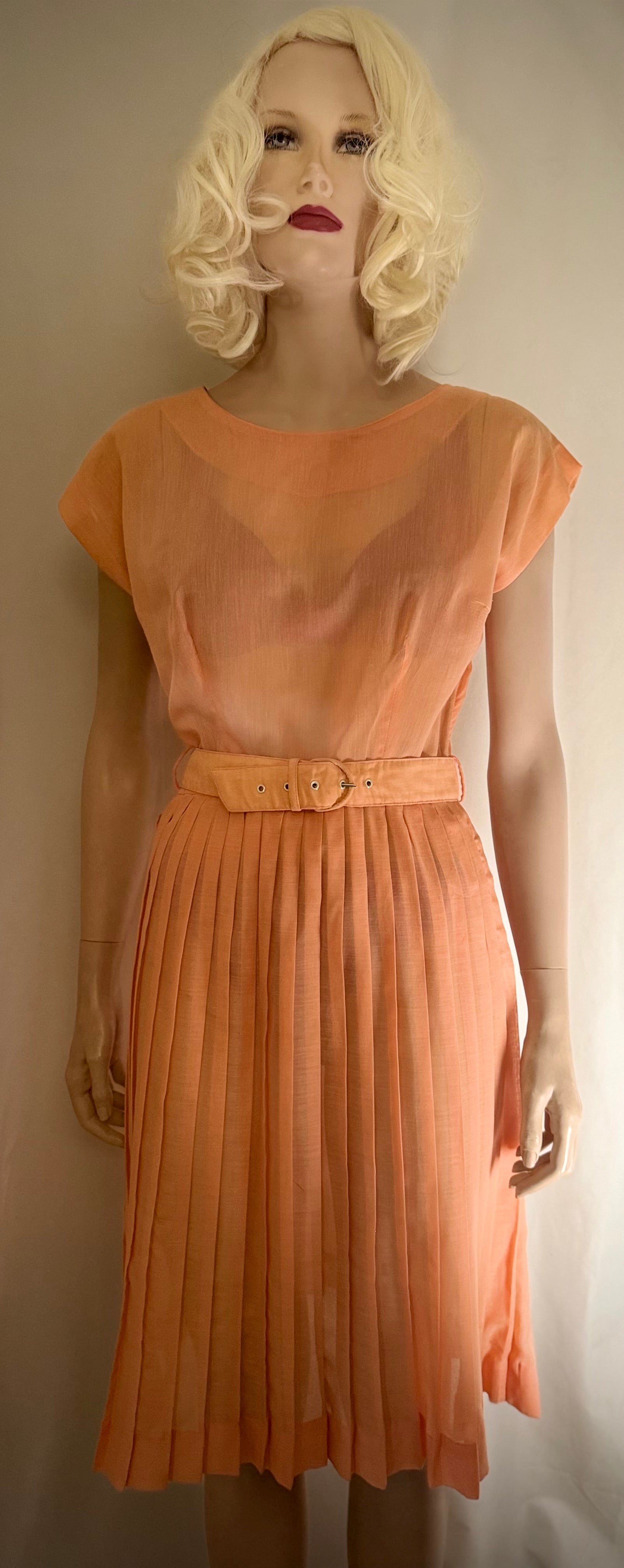 1950s Sheer Peach Knife-Pleat Dress with Original Belt
