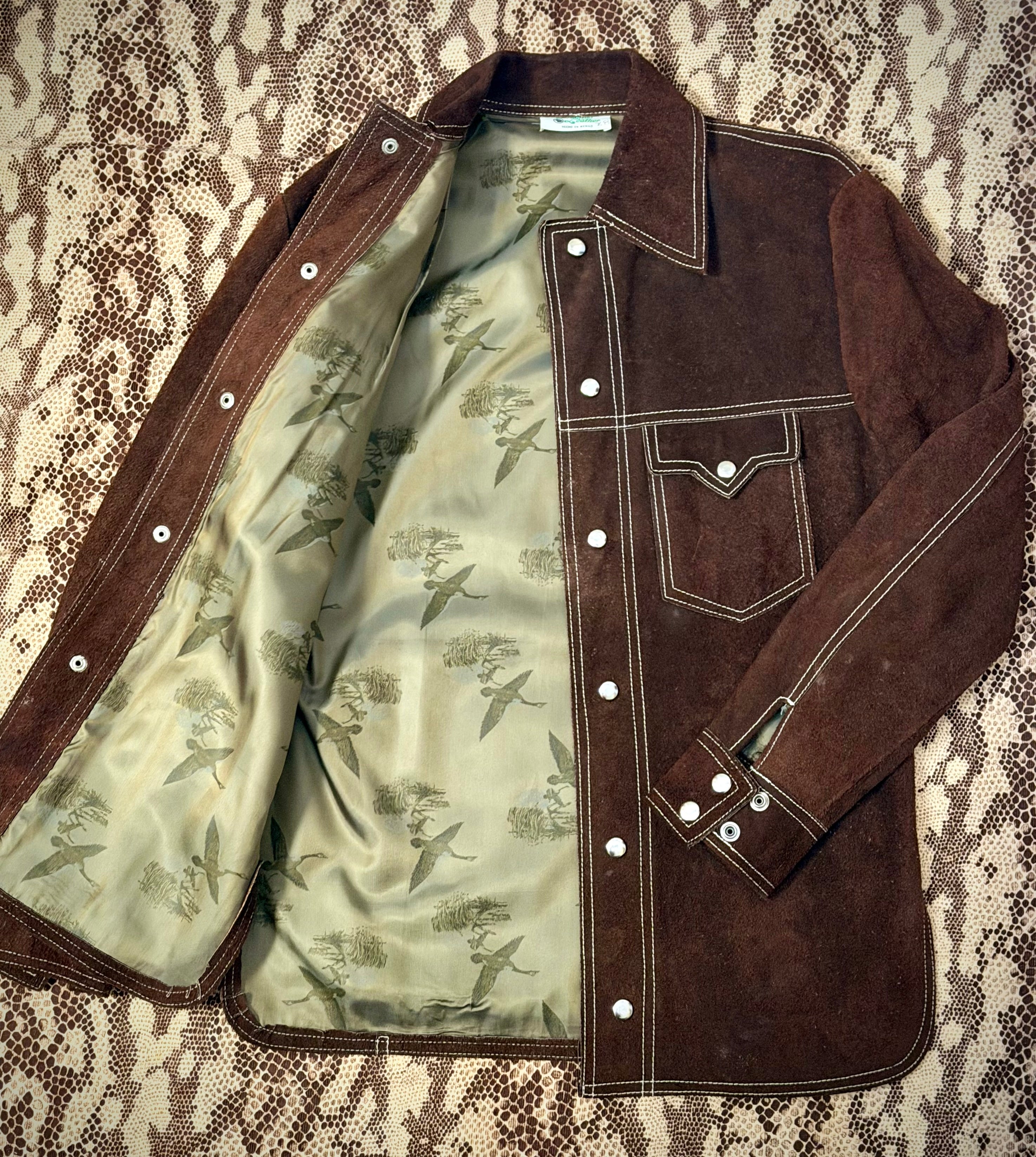 Exceptional Vintage 70s Mexican Suede Western Jacket with Scenic Bird Lining