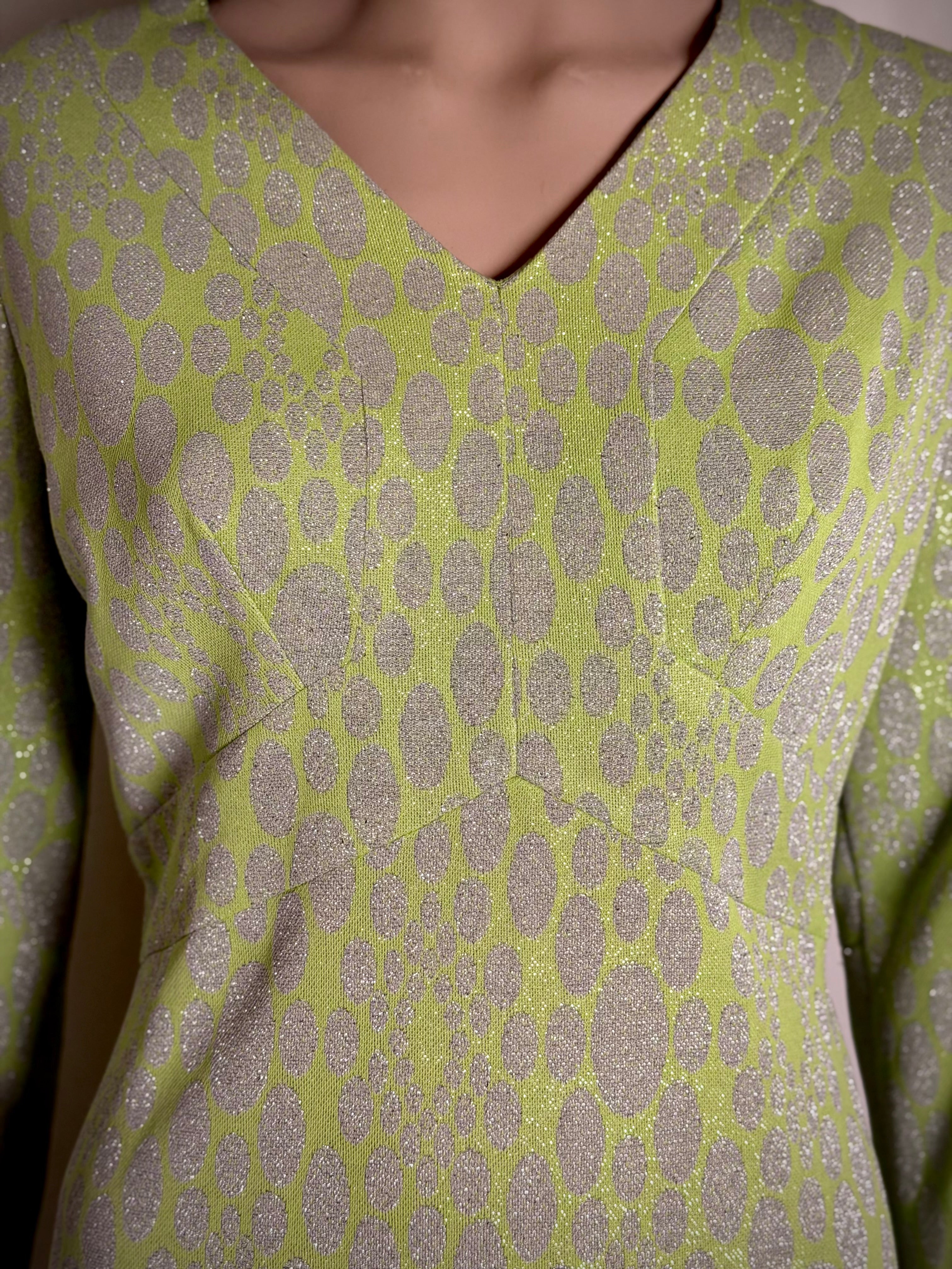 1960s Chartreuse Metallic Jacquard Op-Art Evening Gown (Mint Condition)