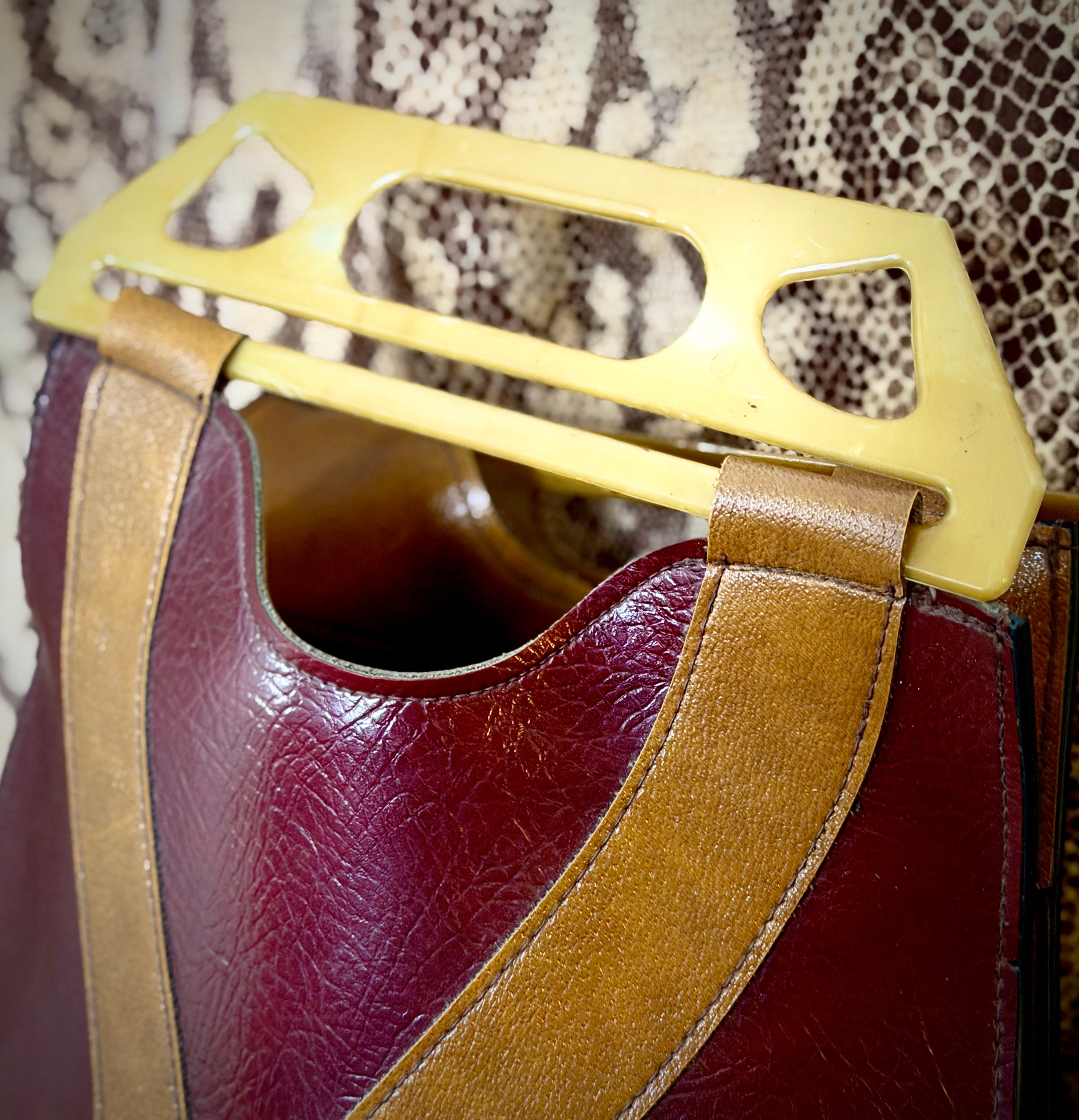 1960s-1970s Large Italian Leather Bag with Sculptural Handles- Deadstock