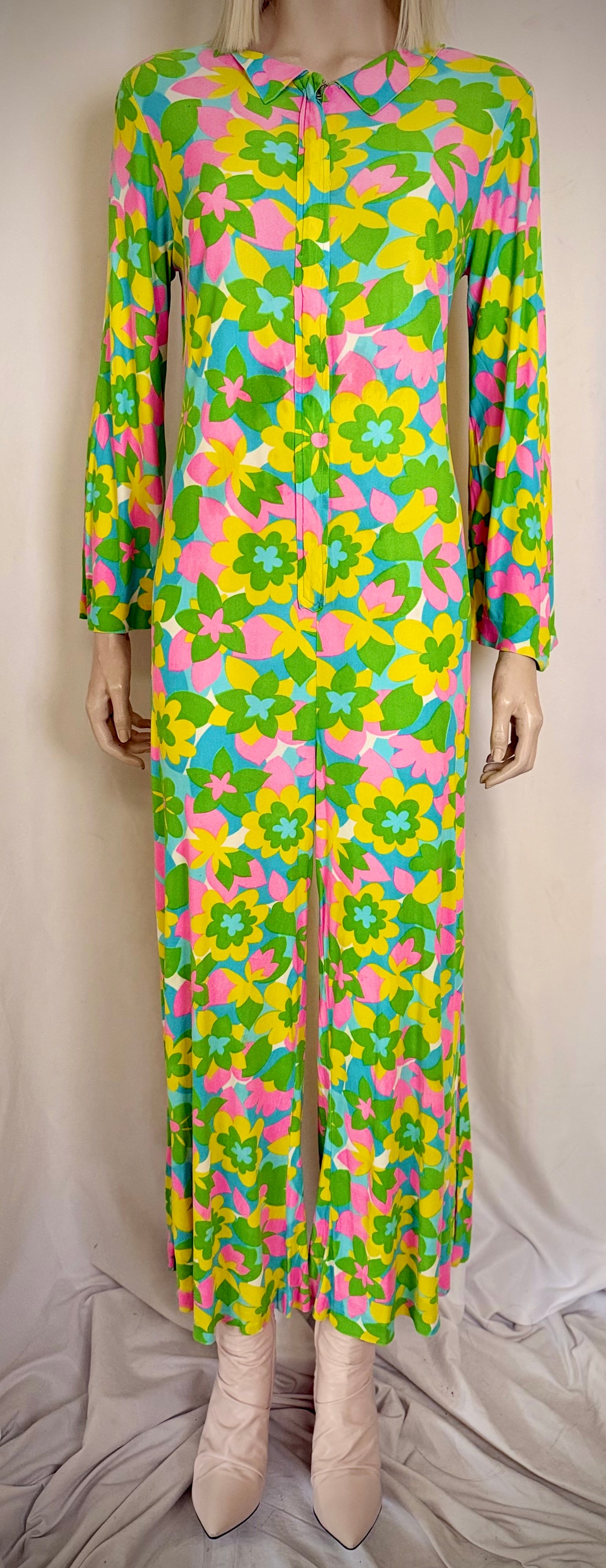 Late 1960s Floral Zip Front Jumpsuit