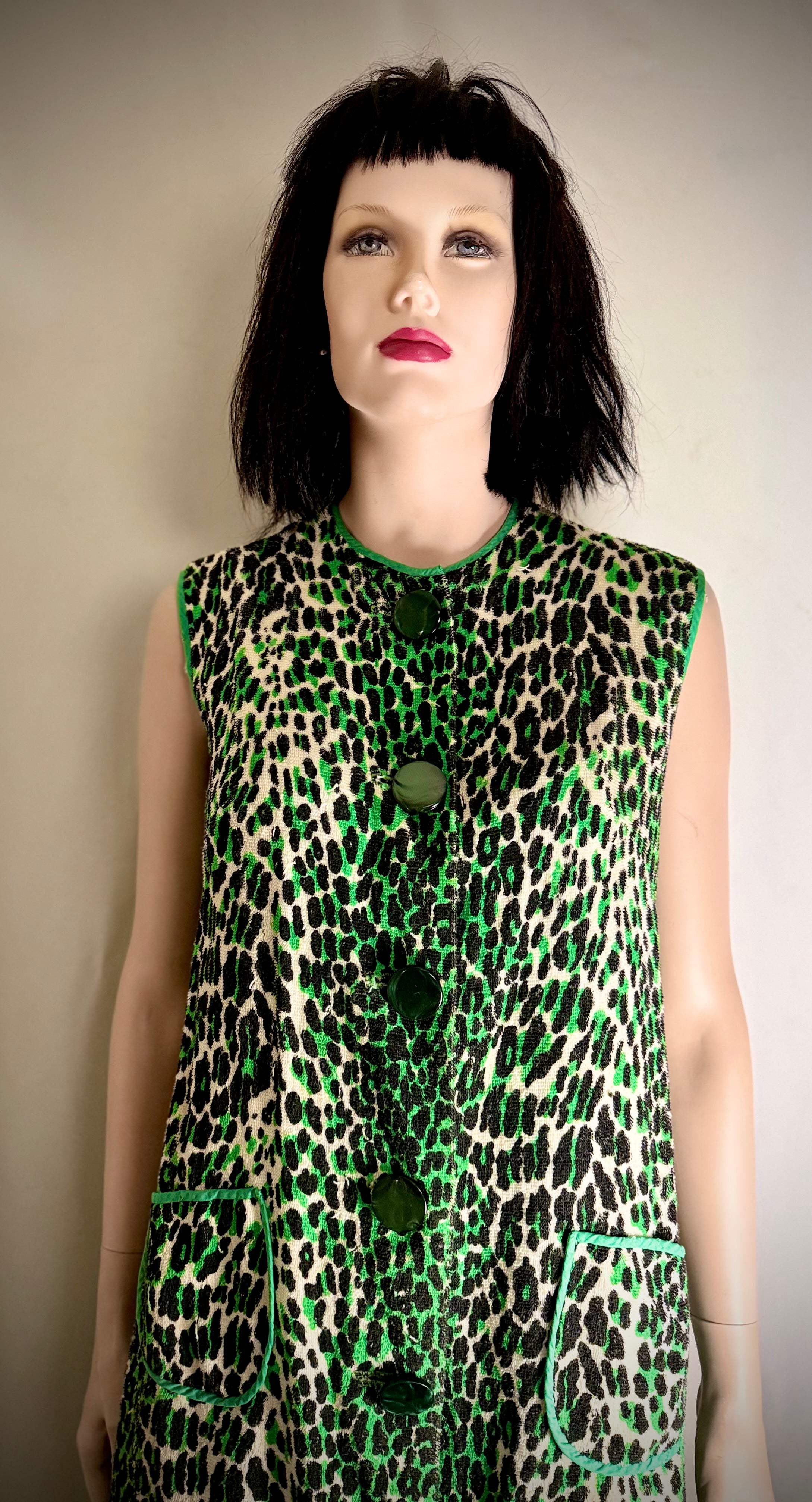 Vintage 1960s Leopard Print Towelling Dress | Unworn | Graphic Green