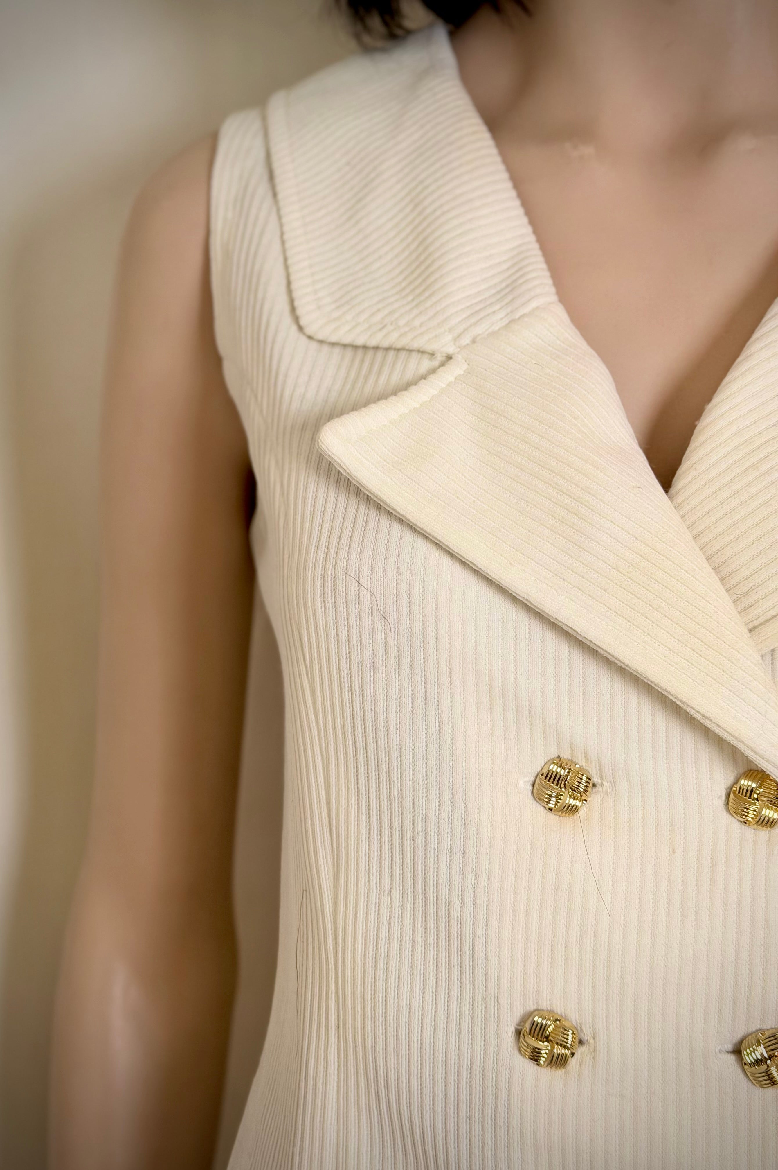Cream Ribbed Double-Breasted Vest Top with Gold Buttons