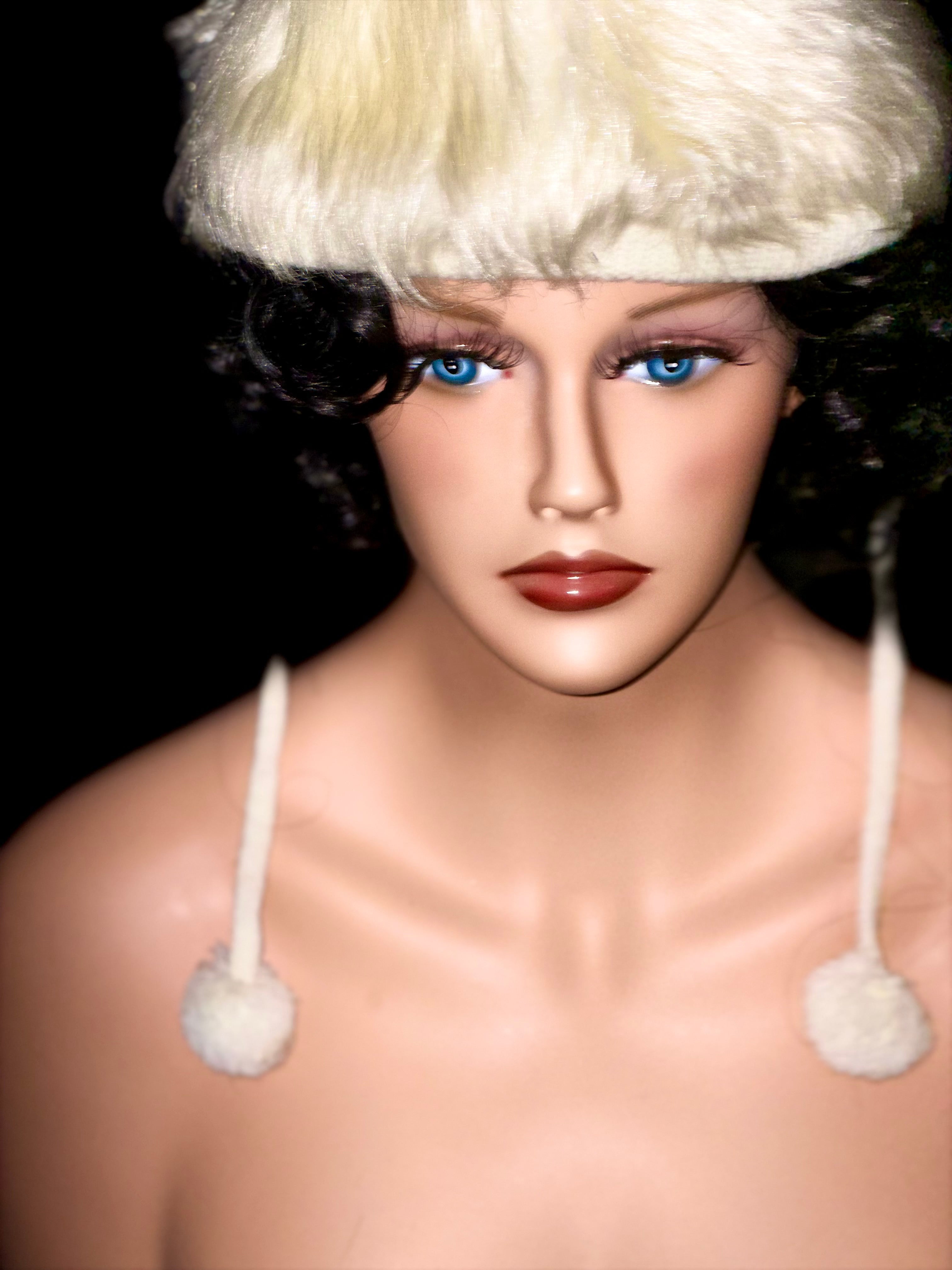 1940s Deadstock Faux Shearling Aviator-Style Hat with Pom-Pom Ties