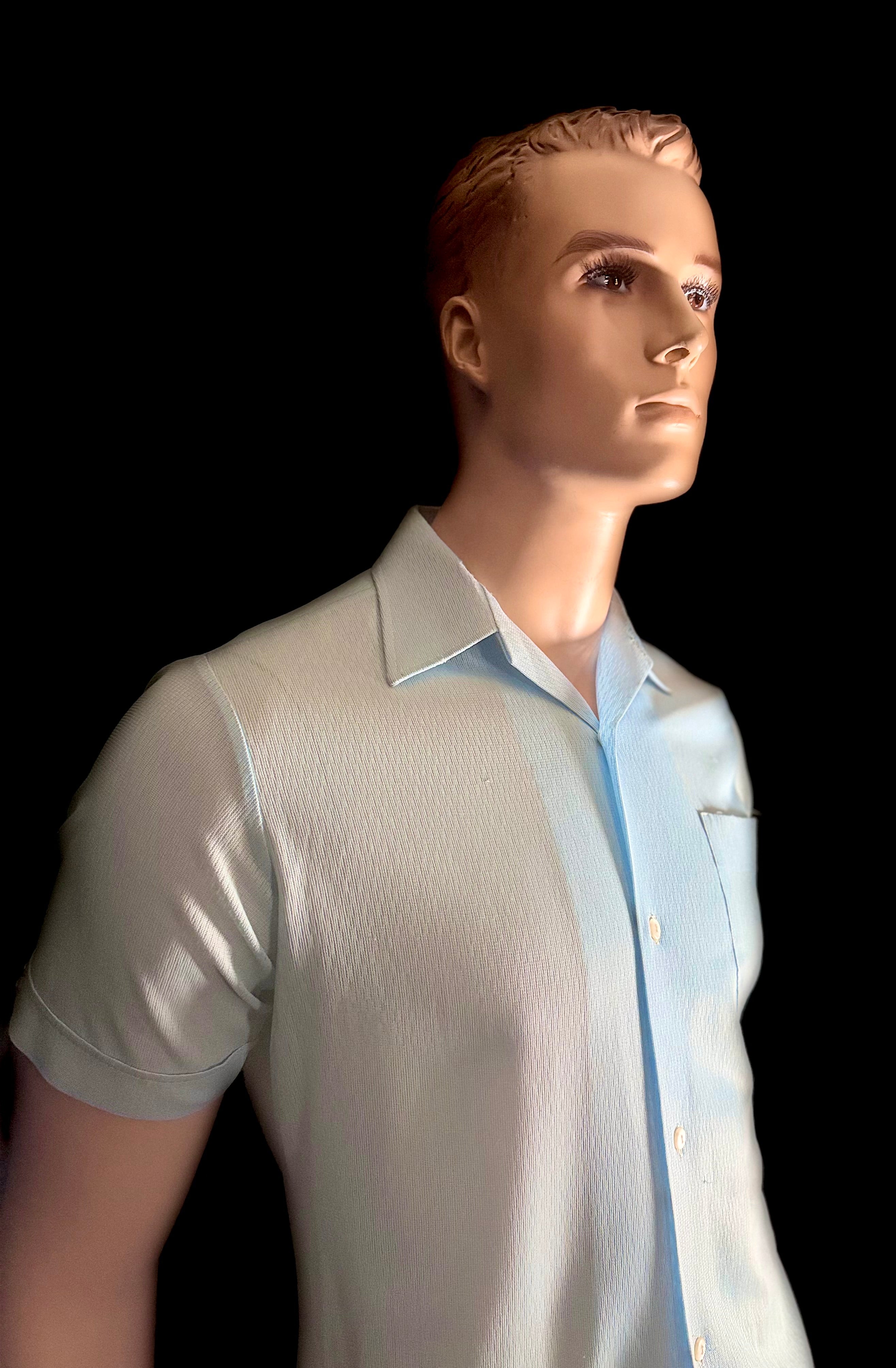 1960s Ice-Blue Sheer Shirt - Lightweight Mesh Weave