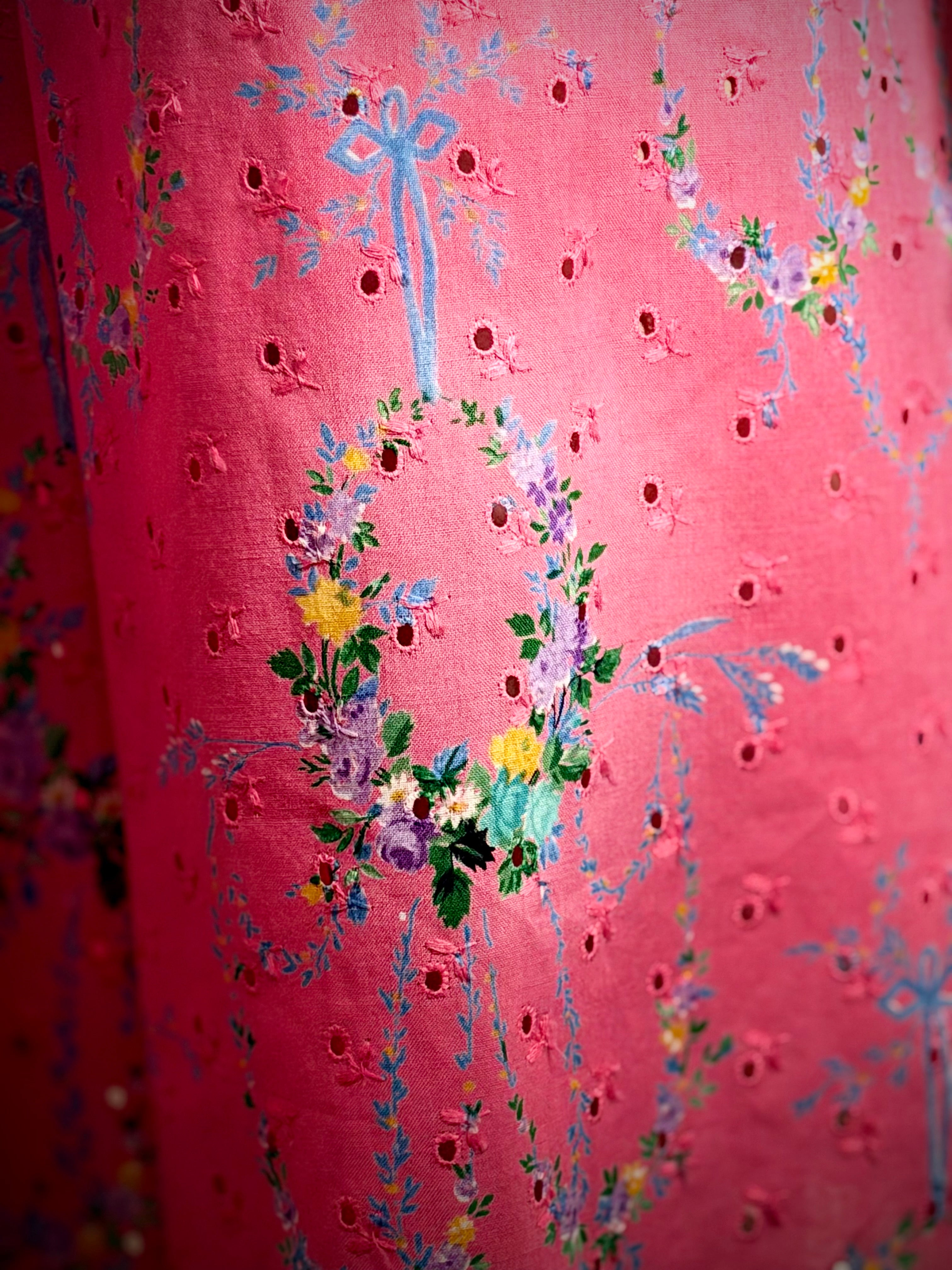 Circa 1960 Pink Floral Eyelet Cotton Dress with Pintucked Bodice