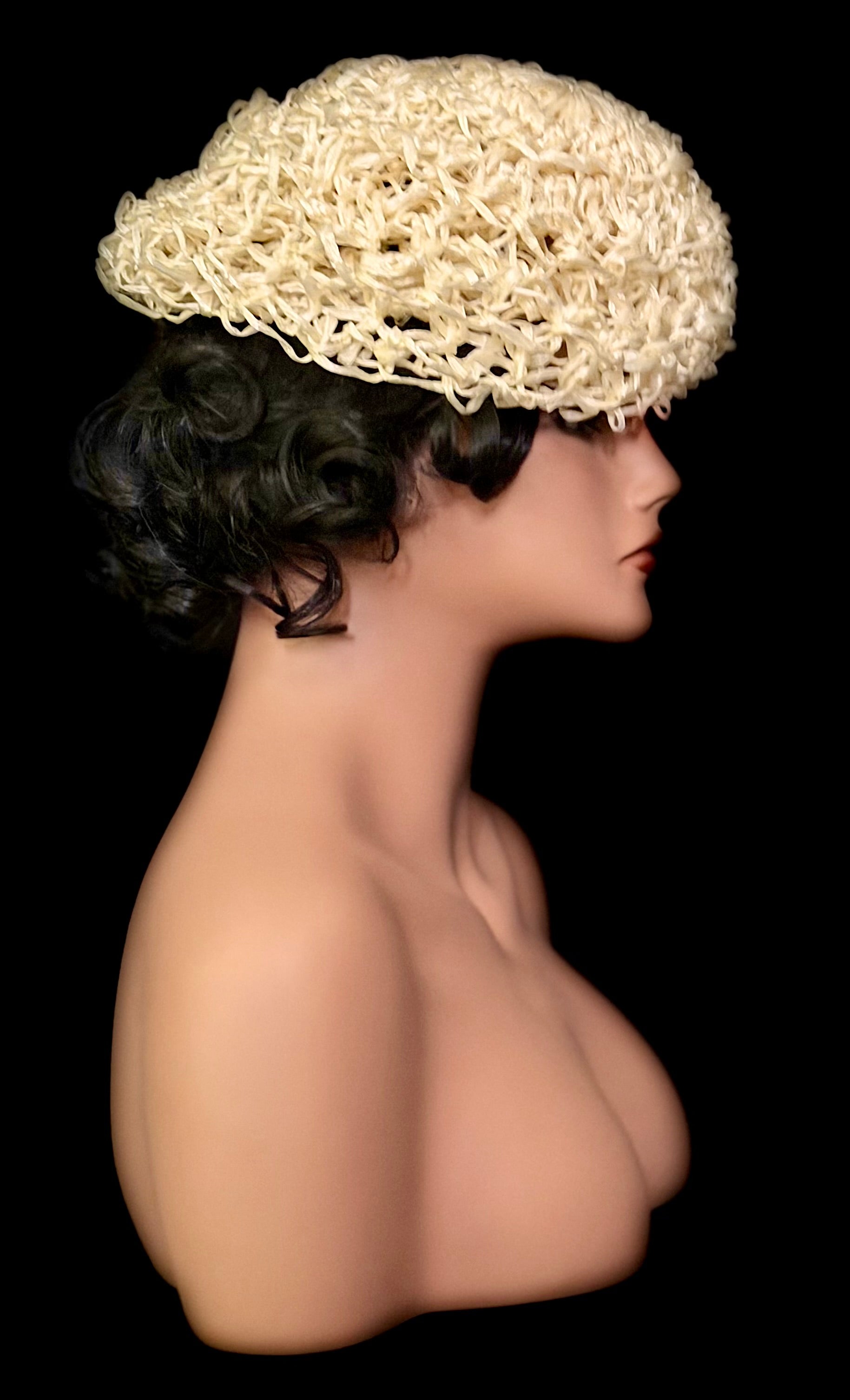 Mid-Century Sculptural Raffia Hat - Handwoven Organic Form