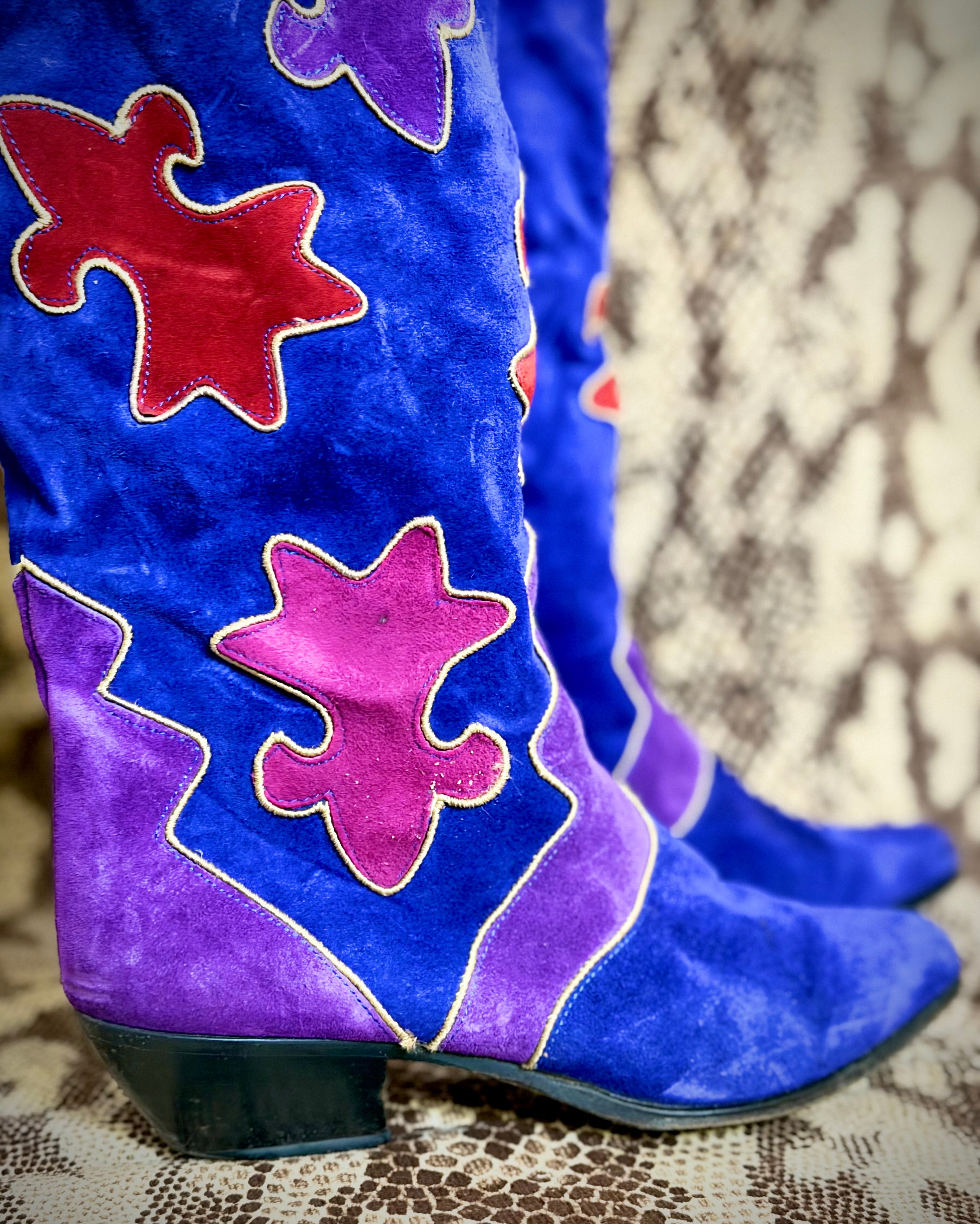 Vintage 1980s Biondini Suede Appliqué Cowboy Boots