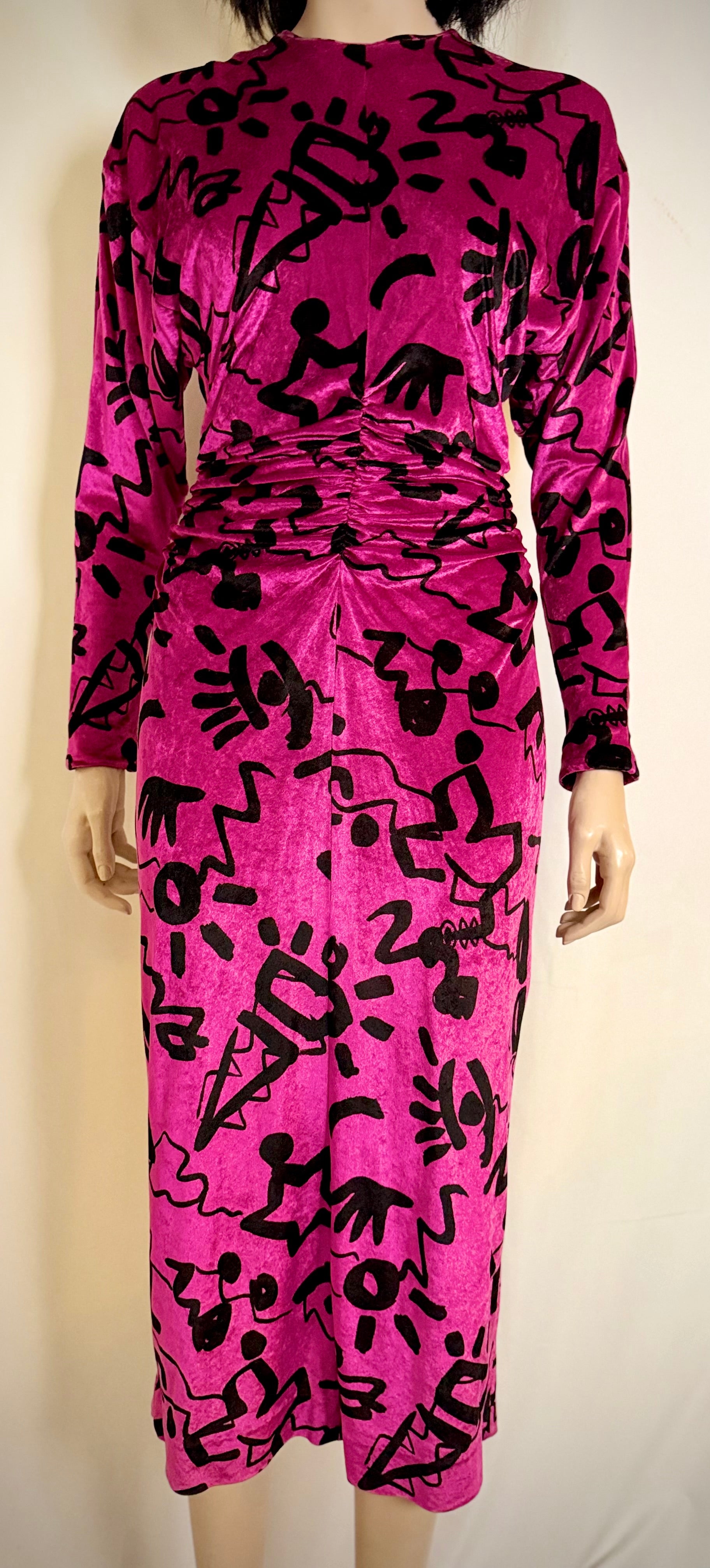 Nicole Miller Vintage Fuchsia Velvet Graphic Print Dress