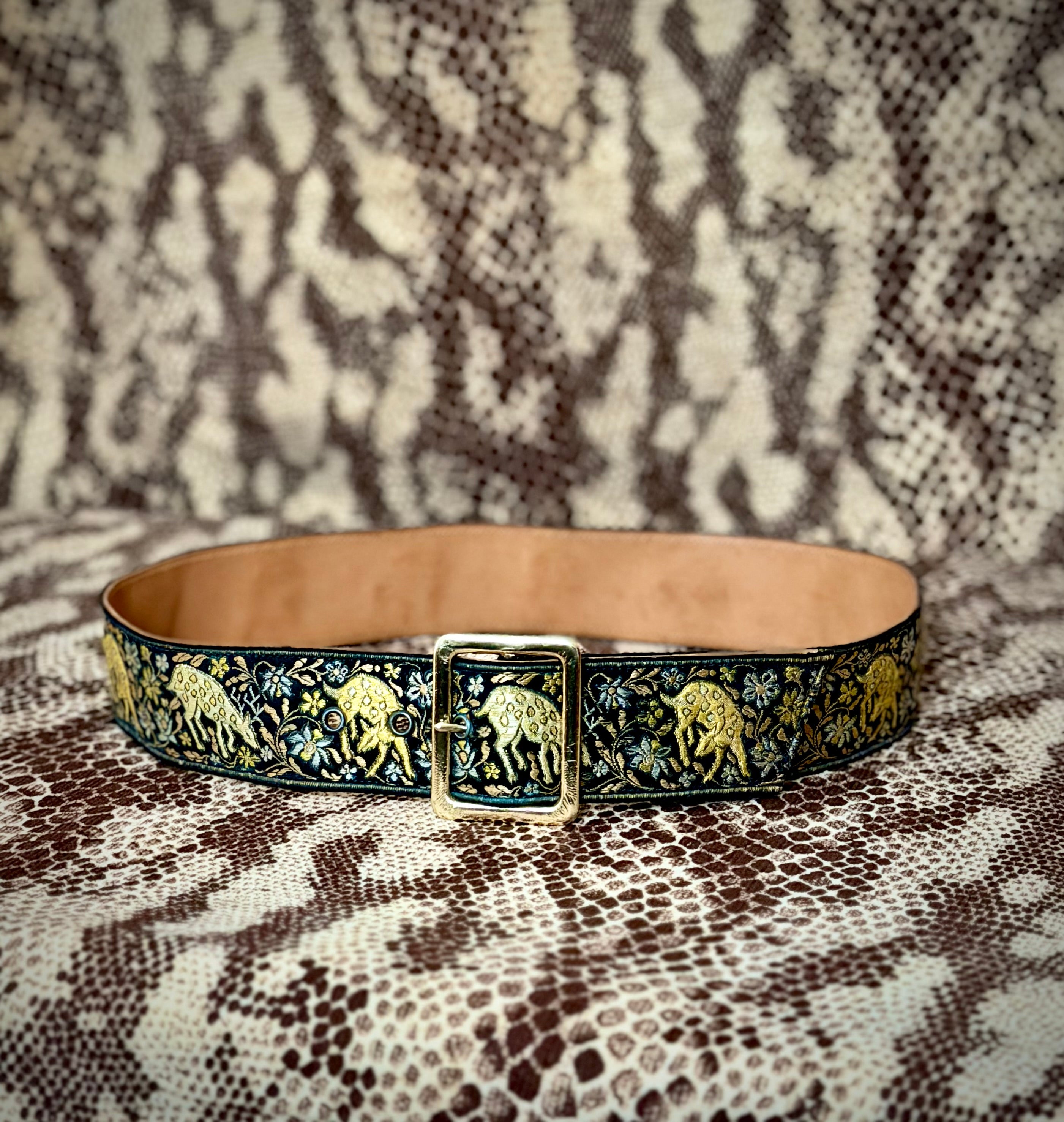 1970s Lutèce Paris Embroidered Leather Belt- Deer and Floral Tapestry (Made in France)
