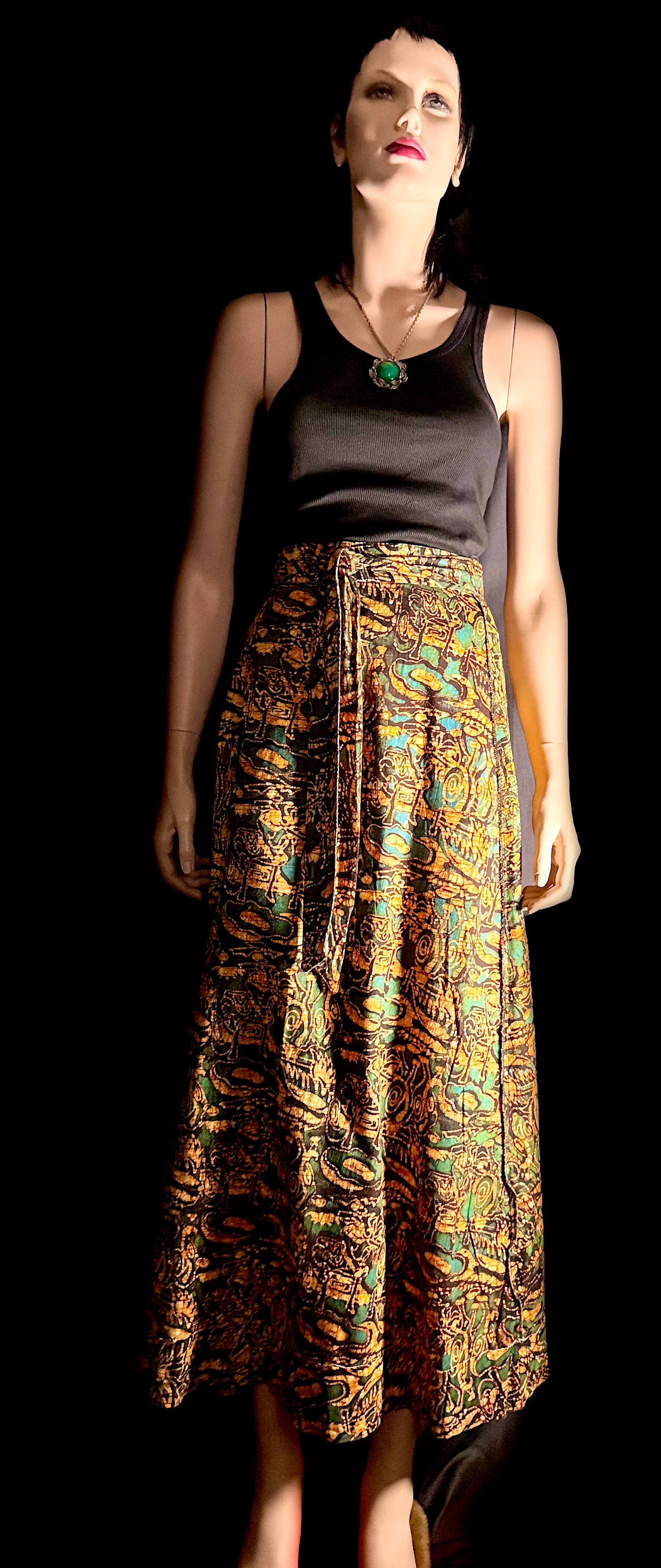 1970s Wrap Skirt – Earth Tone Abstract Print – Sarong Style