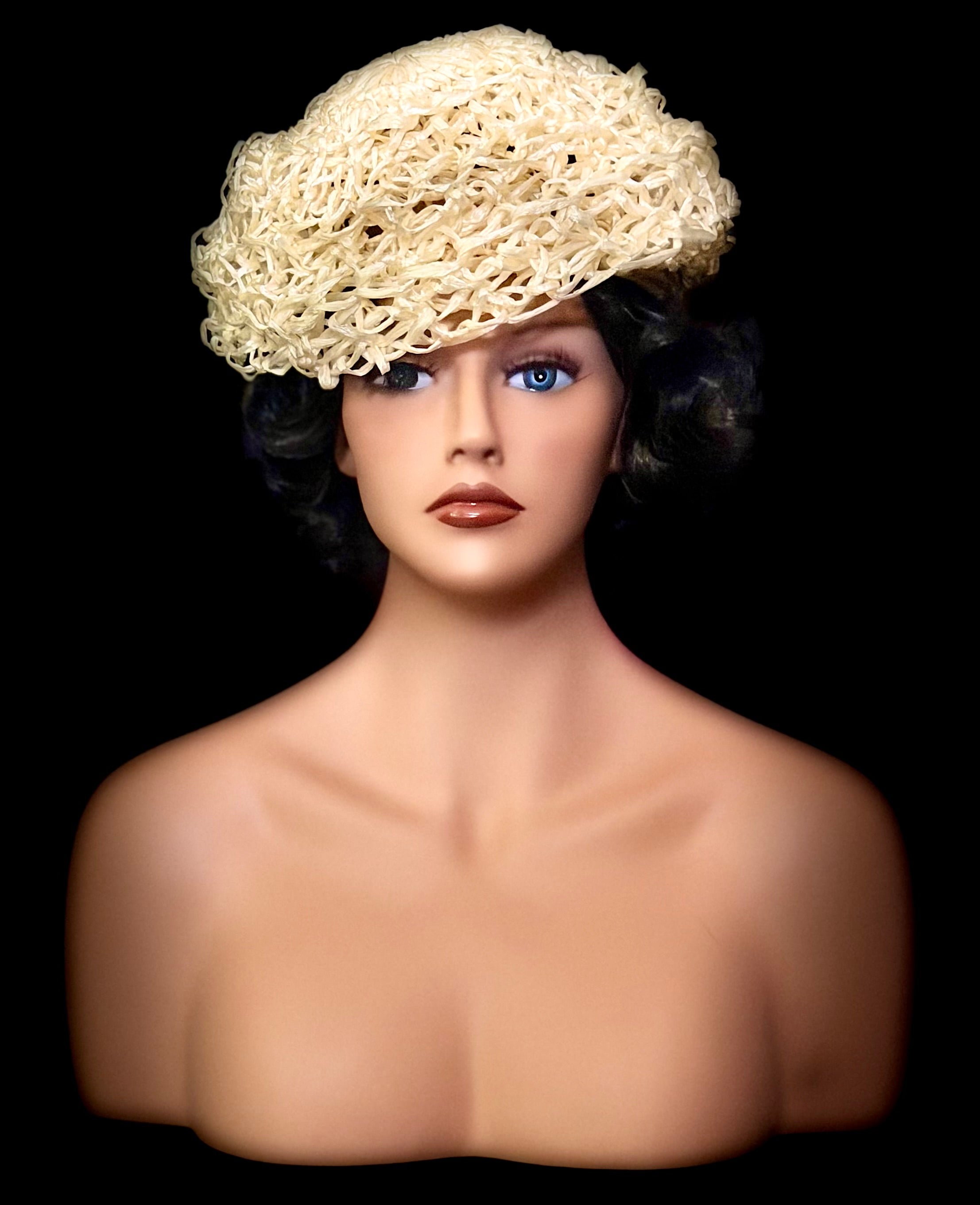 Mid-Century Sculptural Raffia Hat - Handwoven Organic Form
