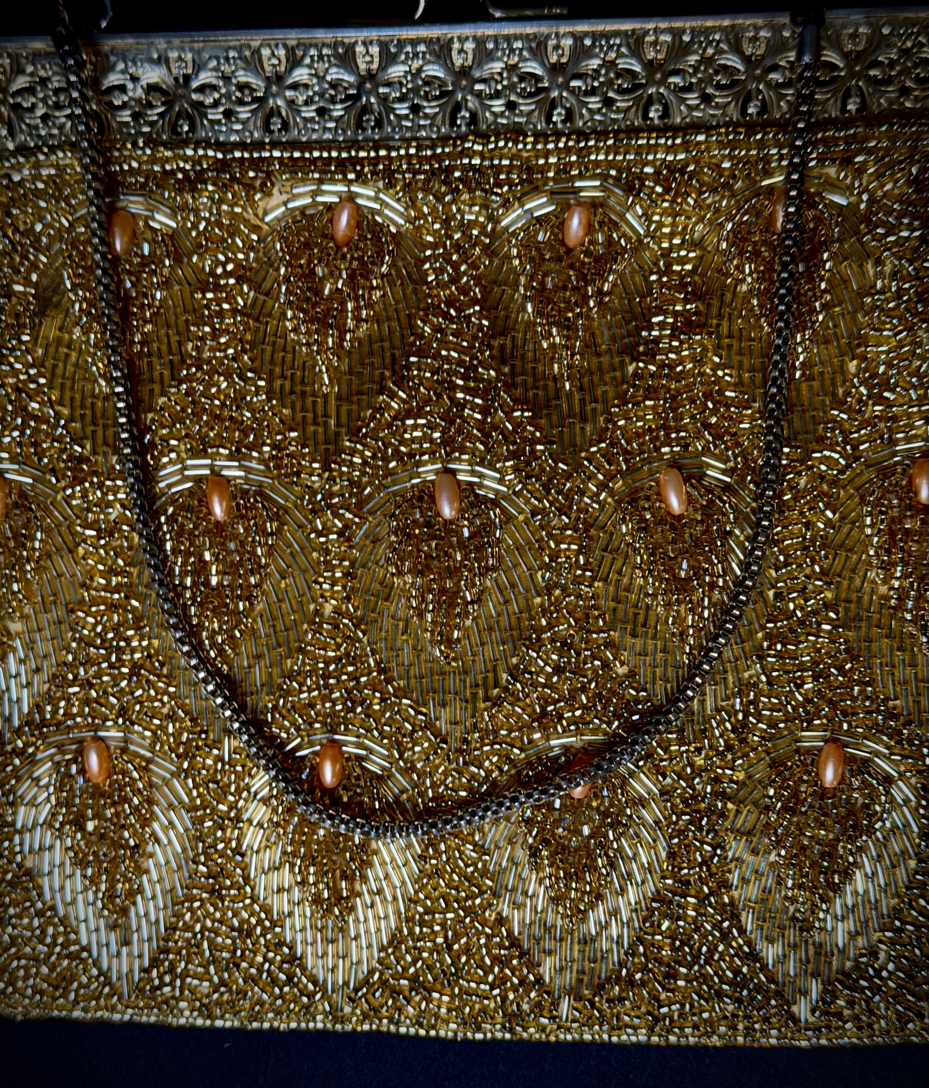 Evening Bag - 1950s Gold Beaded Clutch with Floral Filigree Frame”