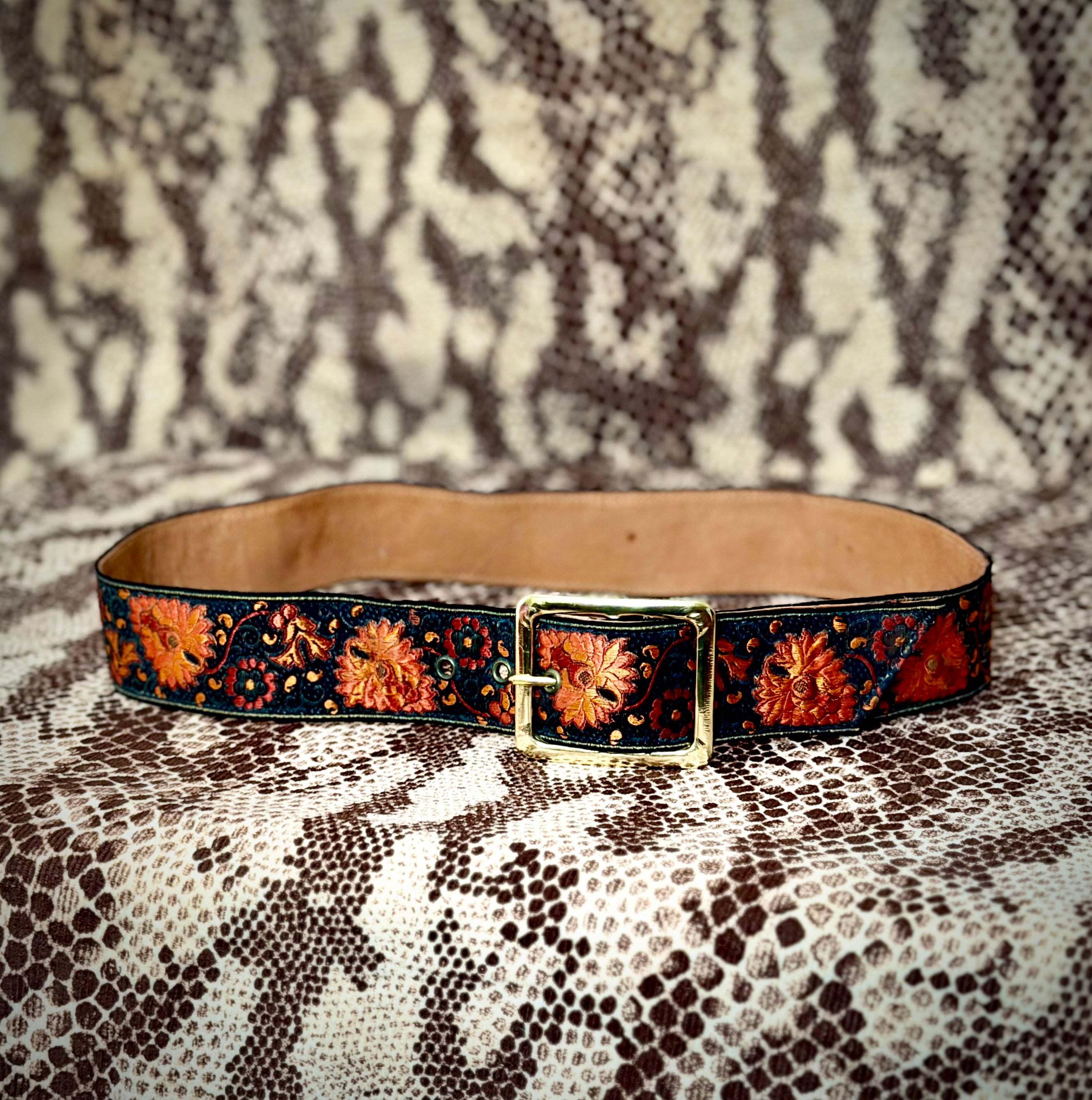 1970s Lutèce Paris Embroidered Leather Belt-Floral Tapestry (Made in France)