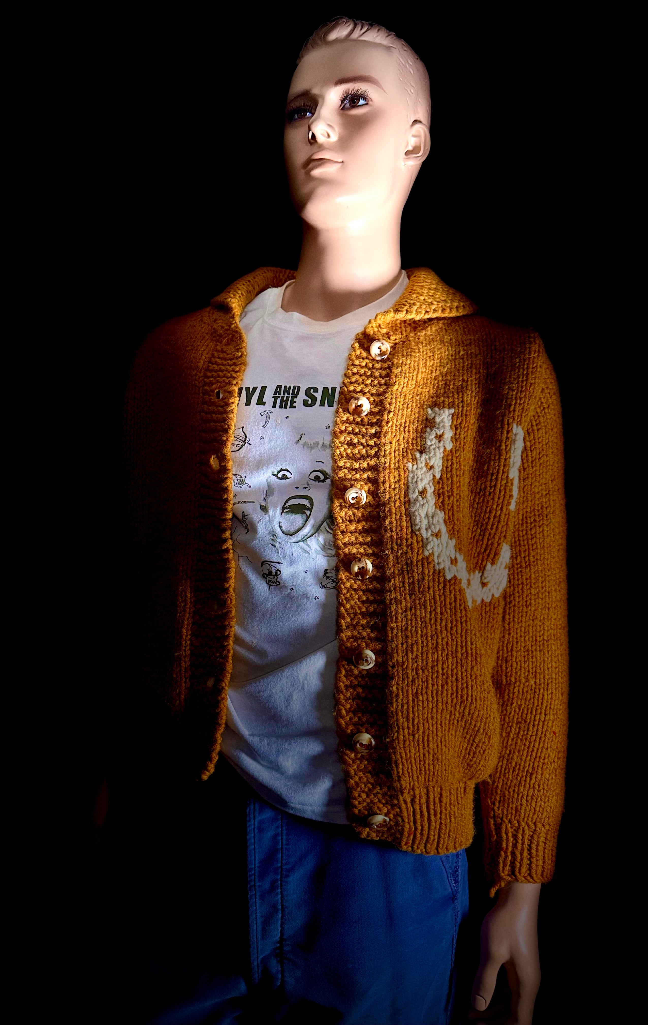 Mid-Century Lined Cowichan Cardigan - Hand-Knit Horse and Rider Motif