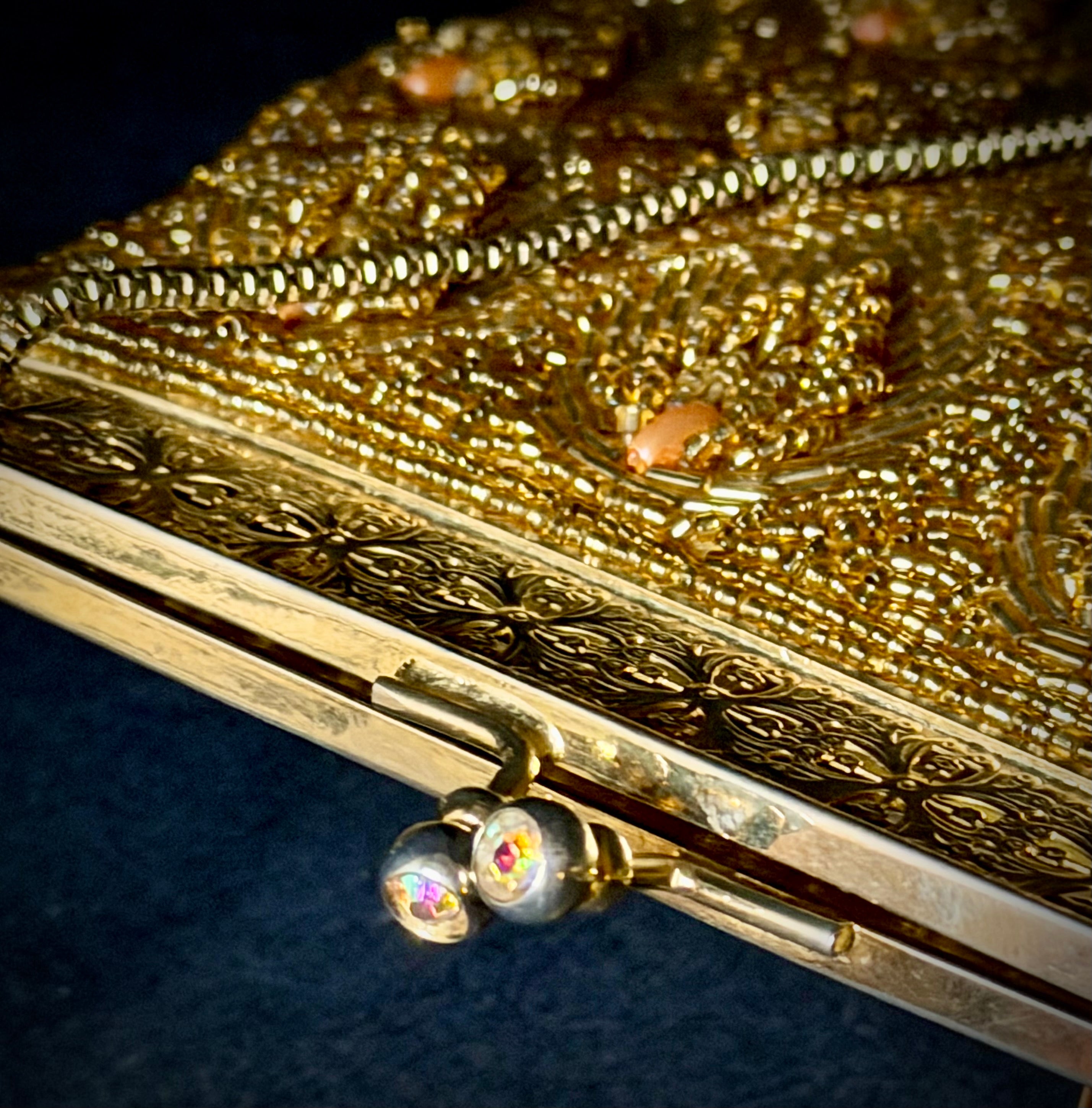 Evening Bag - 1950s Gold Beaded Clutch with Floral Filigree Frame”