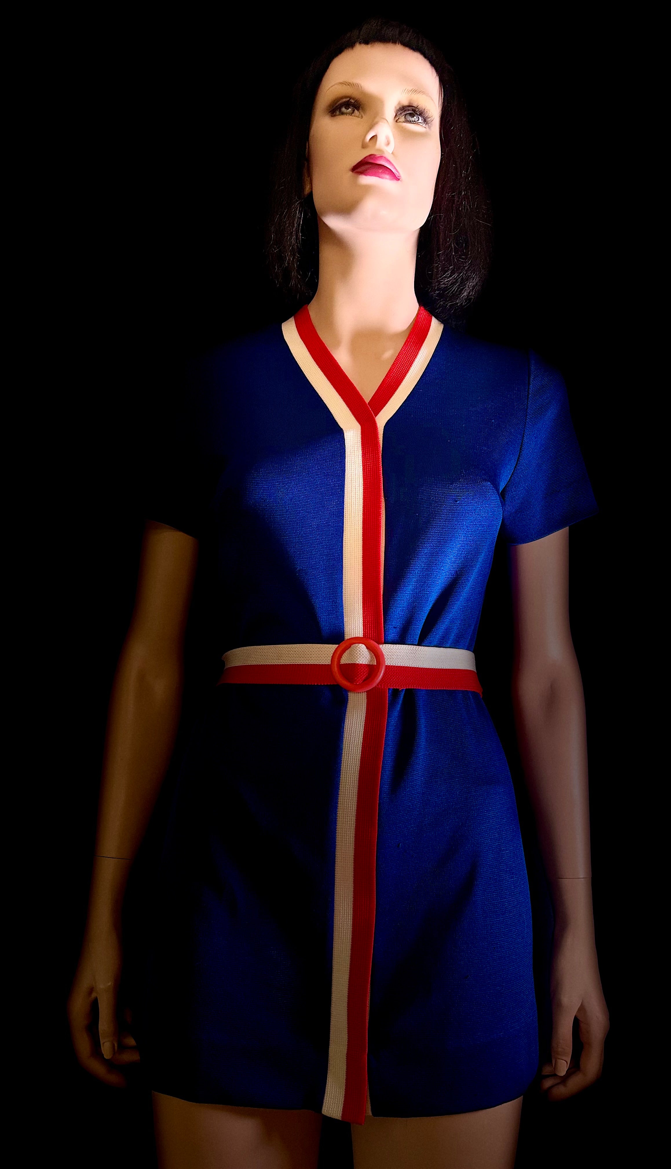 Vintage Graphic Knit Mini Dress / Tunic - Cobalt Blue with Red & White Trim
