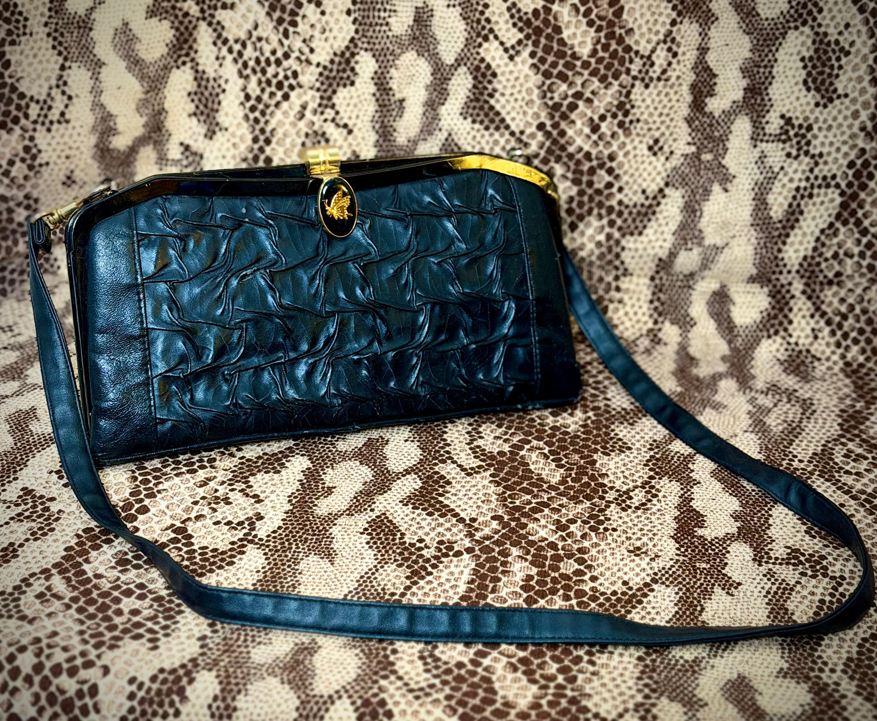 Late 50s-Early 60s Black Gathered Leather Shoulder Bag with Gold Butterfly Clasp